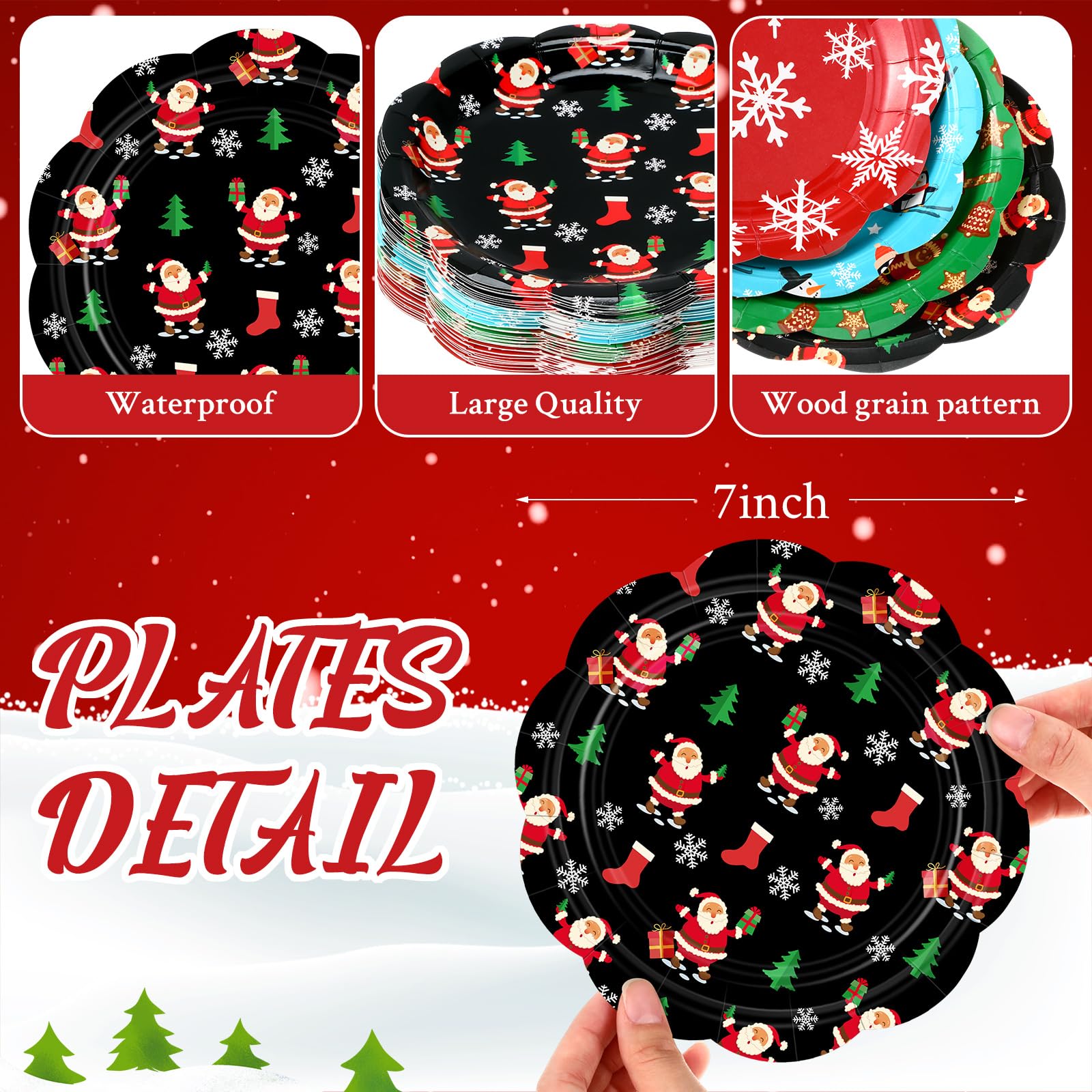 Pickmesh 60 platos de papel de Navidad de 7 pulgadas, platos desechables de copo de nieve de Papá Noel, platos de postre, vajilla de Navidad, decoración de fiesta para fiestas de Navidad