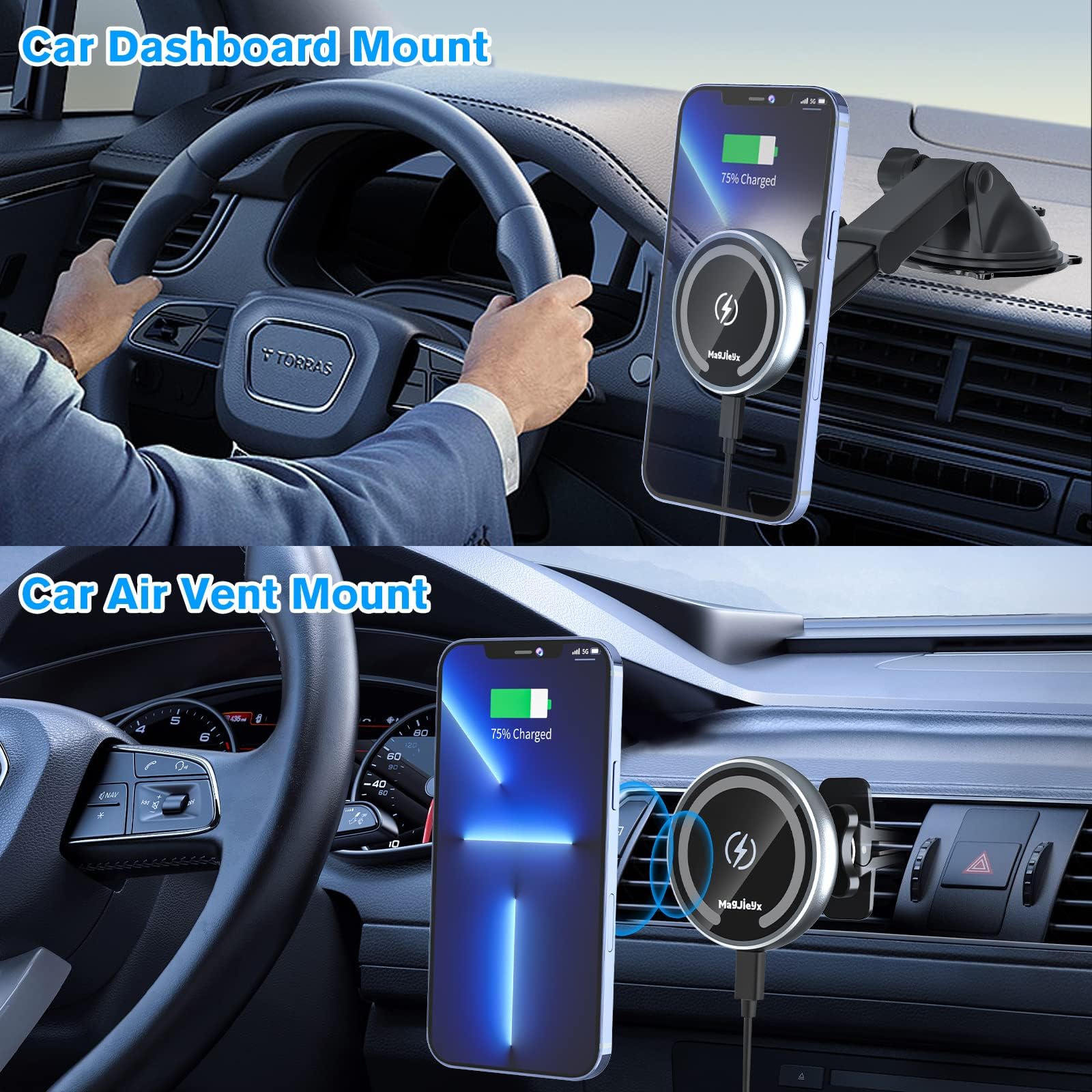 MAGJIEYX für Magsafe Autohalterung mit Ladefunktion, 15W Kabellose Schnellladen mit 38W QC 3.0 Ladegerät Starker Magnet 360° Drehung für iPhone 16 15 14 13 12 Serie Alle Smartphones Auto Zubehör