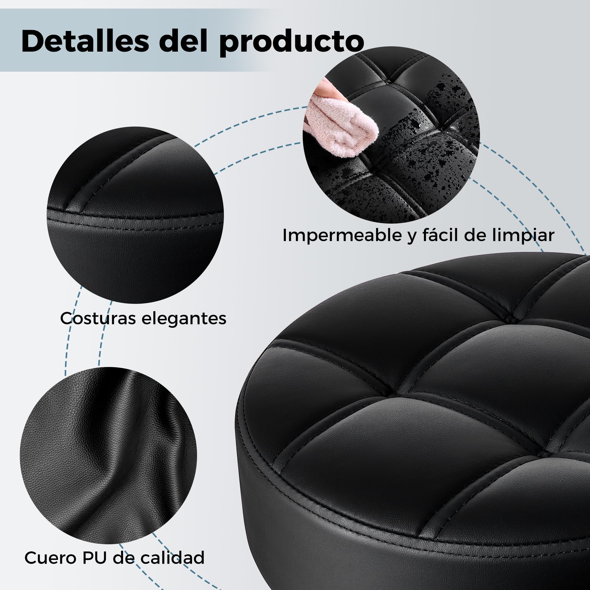 BEWISHOME Taburete con Ruedas, Ajustable giratoria de 360°, Silla de Piel sintética Resistente para Asiento Grueso,Peso de 200 kg, para salón de Belleza, SPA, clínica(Negro)