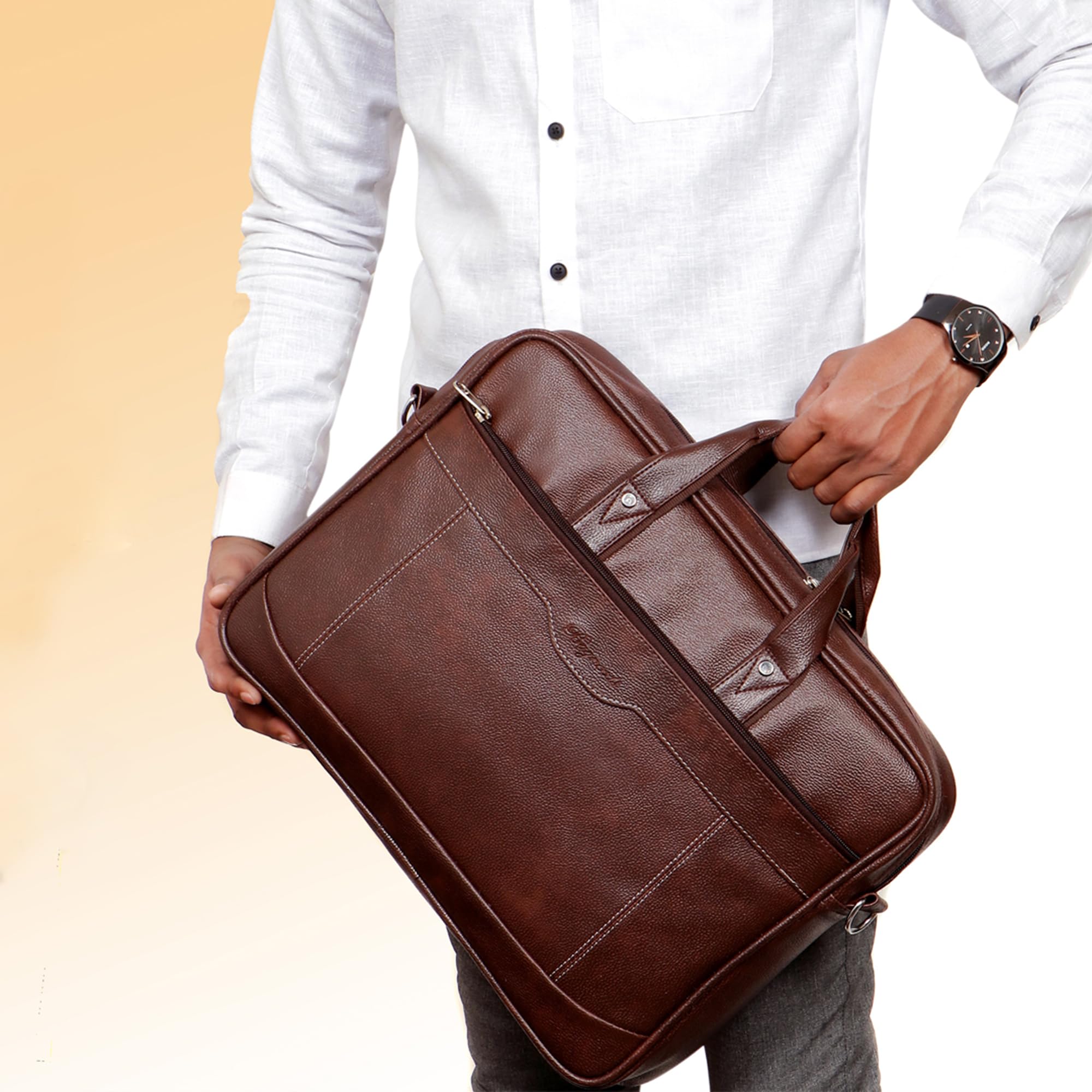 Bagneeds Premium Synthetic Leather Laptop Messenger Bag for Men & Women | Professional Office Bag | Water Resistant Padded Shoulder Bag for Office & Travel (Brown) 1