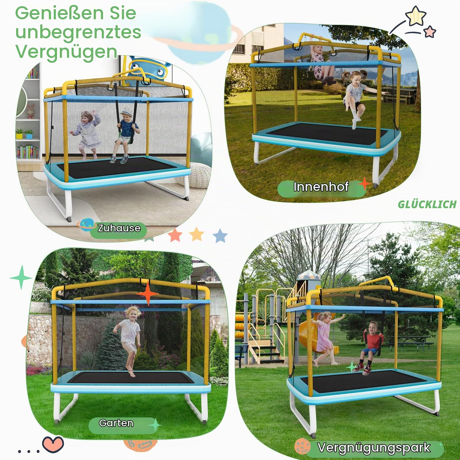 GOPLUS 3 in 1 Kindertrampolin, 190x124x222 cm Gartentrampolin Set mit Schaukel & Horizontalstange, Outdoortrampolin mit Sicherheitsnetz & Randabdeckung