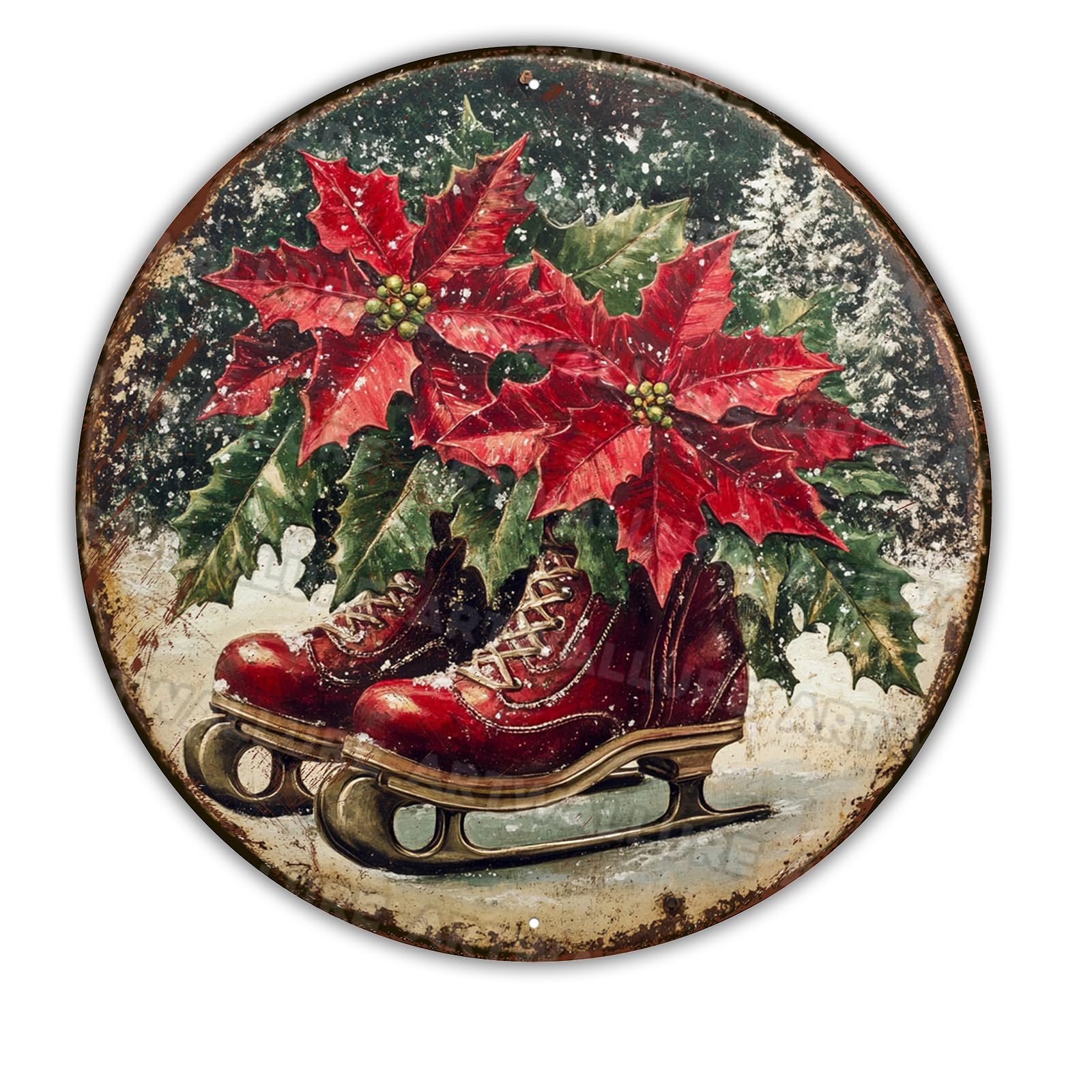 Vintage Ice Skates Wreath Sign - Christmas Round Aluminum Decor for Front Door, Porch and Indoor Holiday Displays Metal Art 12x12Inch