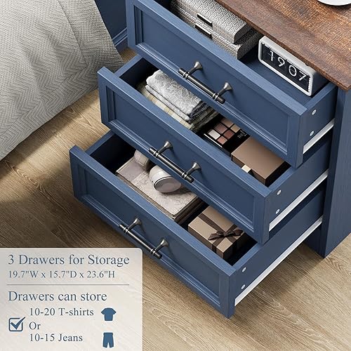 Miniatura 5 de Mesita de noche azul con estación de carga, mesa auxiliar de granja de 19.7 pulgadas con 3 cajones de almacenamiento, mesita de noche de madera,