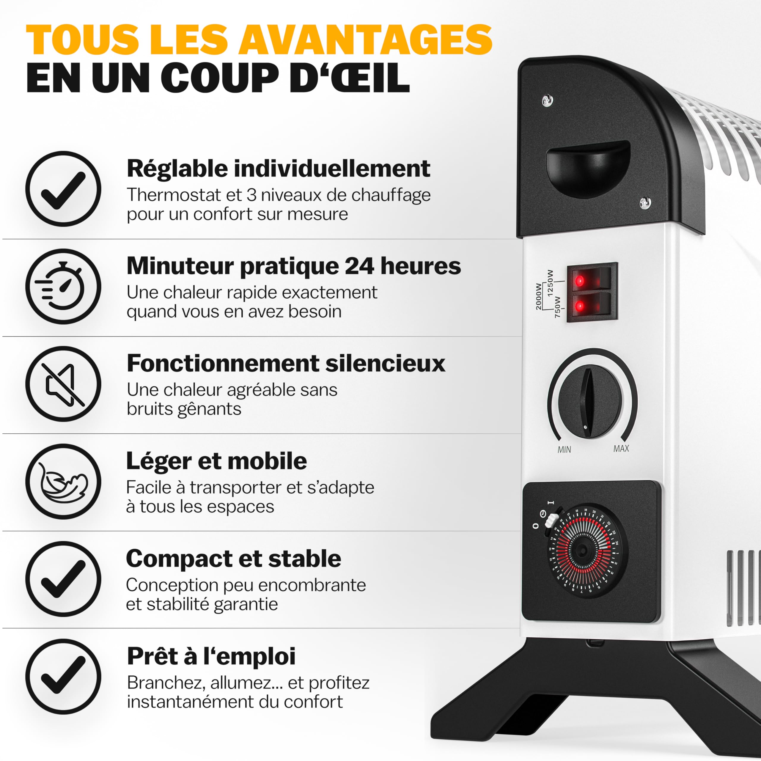 MONZANA® Convecteur électrique 2000W chauffage d'appoint minuteur 24h 3 niveaux de chauffage thermostat radiateur électrique mobile pied