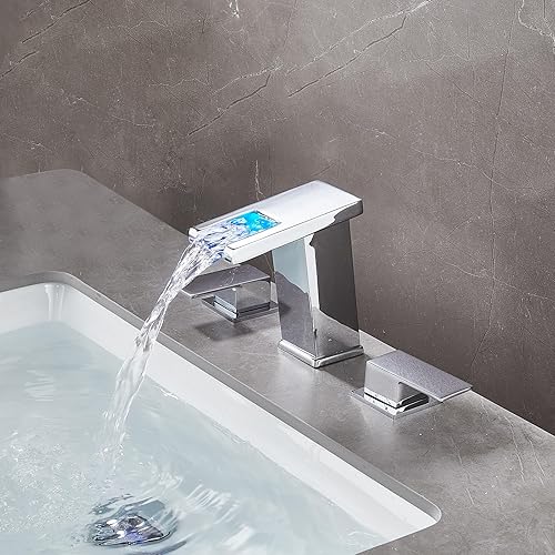 Miniatura 5 de Skybathjoy Grifo de lavabo de baño de luz LED, 3 agujeros, boquilla de cascada, 3 colores cambiantes, con montaje de drenaje y mangueras, grifos de