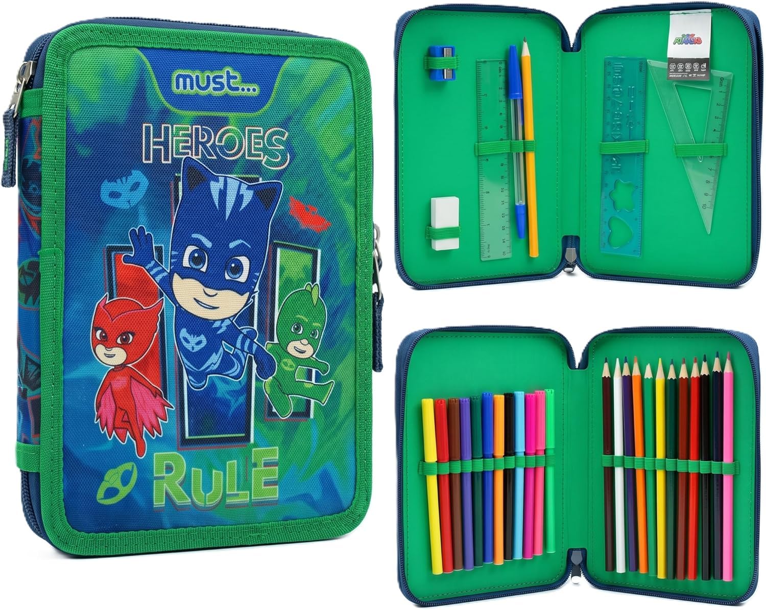 Diakakis PJ Masks Double Compartment Pencil Case Filled with Stationery for Kids | School Supplies Colouring Pencils, Markers | Spacious 2-Zip Design | Durable & Lightweight Gift for Boys