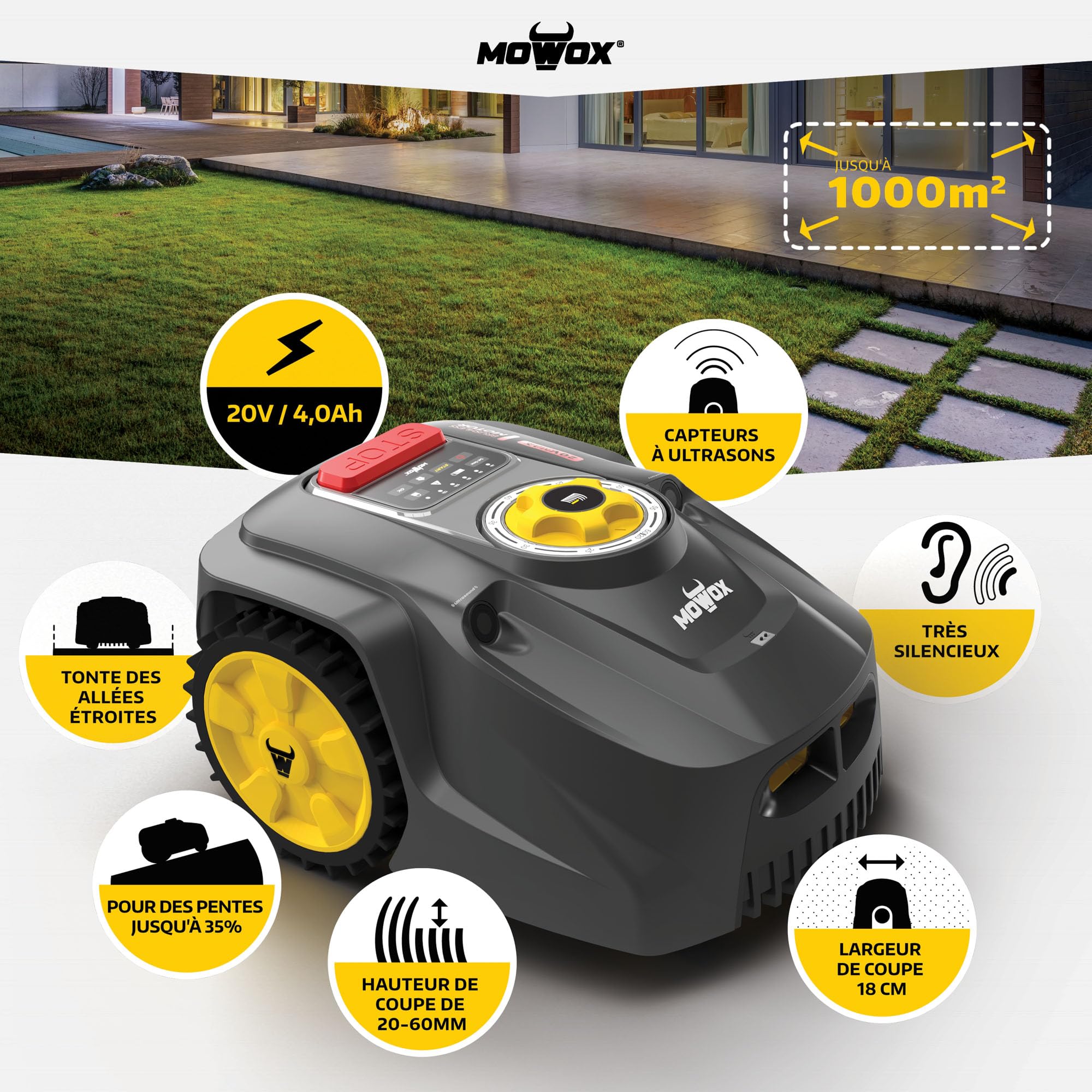 Mowox RM 1000 WIU SN - Robot cortacésped Mowox 20 V/4,0 Ah - 18 cm de Corte - Conectividad WiFi y Bluetooth hasta 30 Metros (1000 m²)