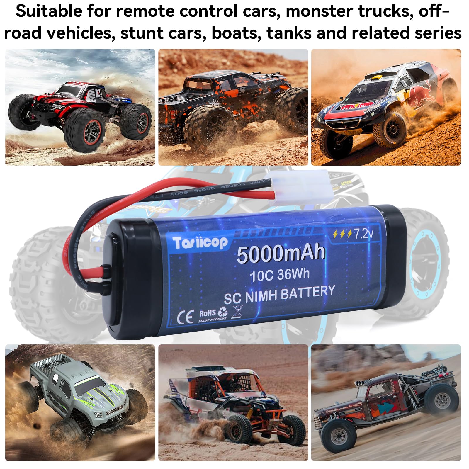 Batteria per auto radiocomandata da 7,2 V 5000 mAh, batterie ricaricabili NiMH da 7,2 Volt con connettore Tamiya, per telecomando auto, Monster Truck, Buggy, Truggy, Barca, Serbatoio e