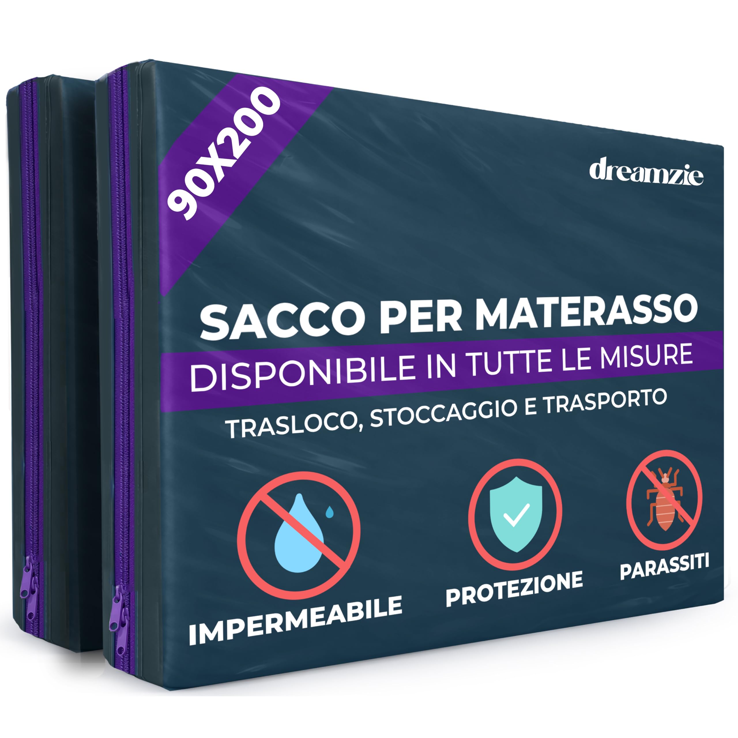 Dreamzie Coprimaterasso in Plastica Opaca 90x200 cm, Custodia Materasso per Trasloco, Stoccaggio e Trasporto con Cerniera (Spessore 30 cm), Resistente Agli Strappi, Set di 2