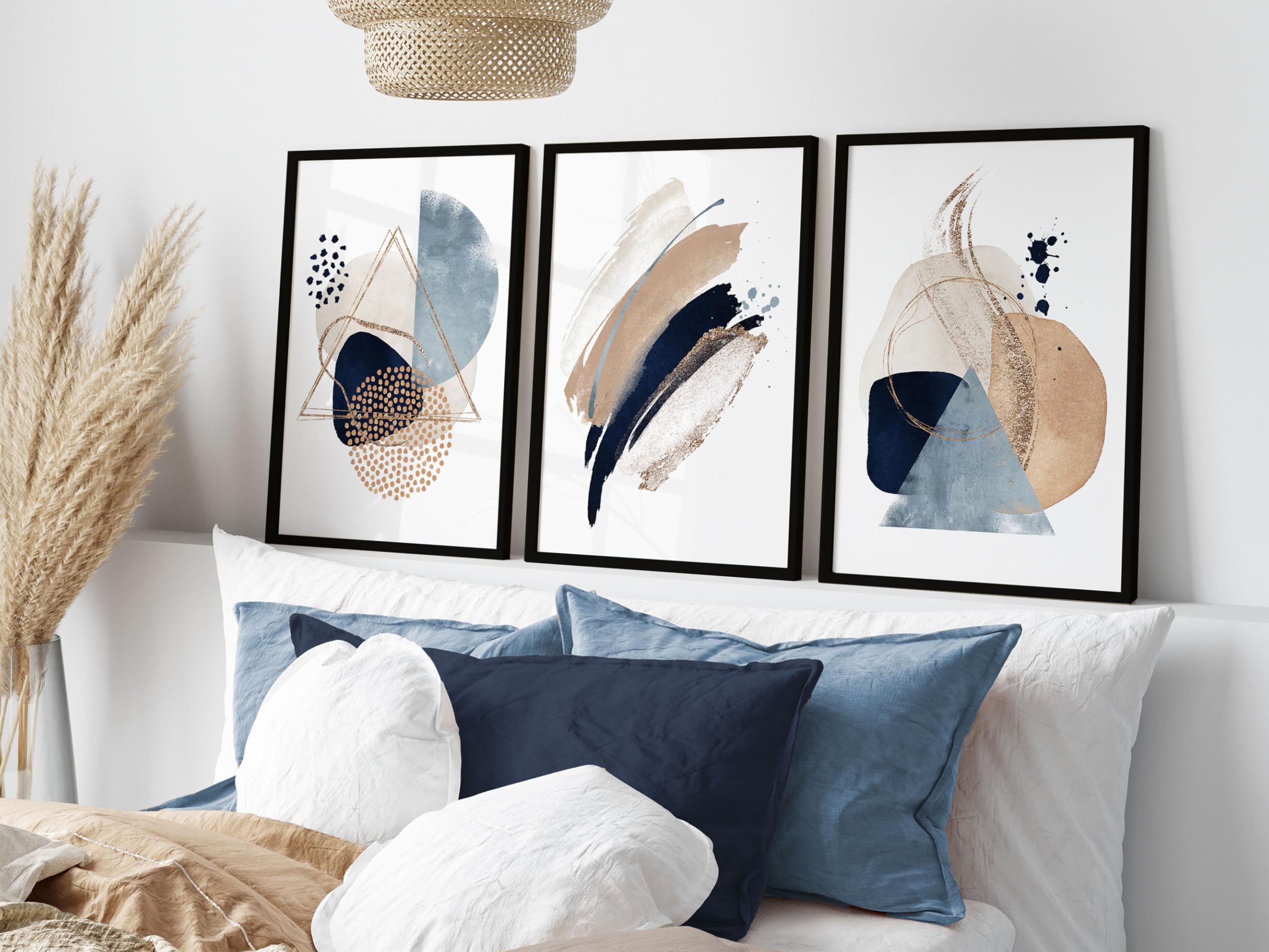 ARTZE Set of 3 Abstract Blue and Beige Wall Art Black Frames Size: (A2-45 x 62 cm)