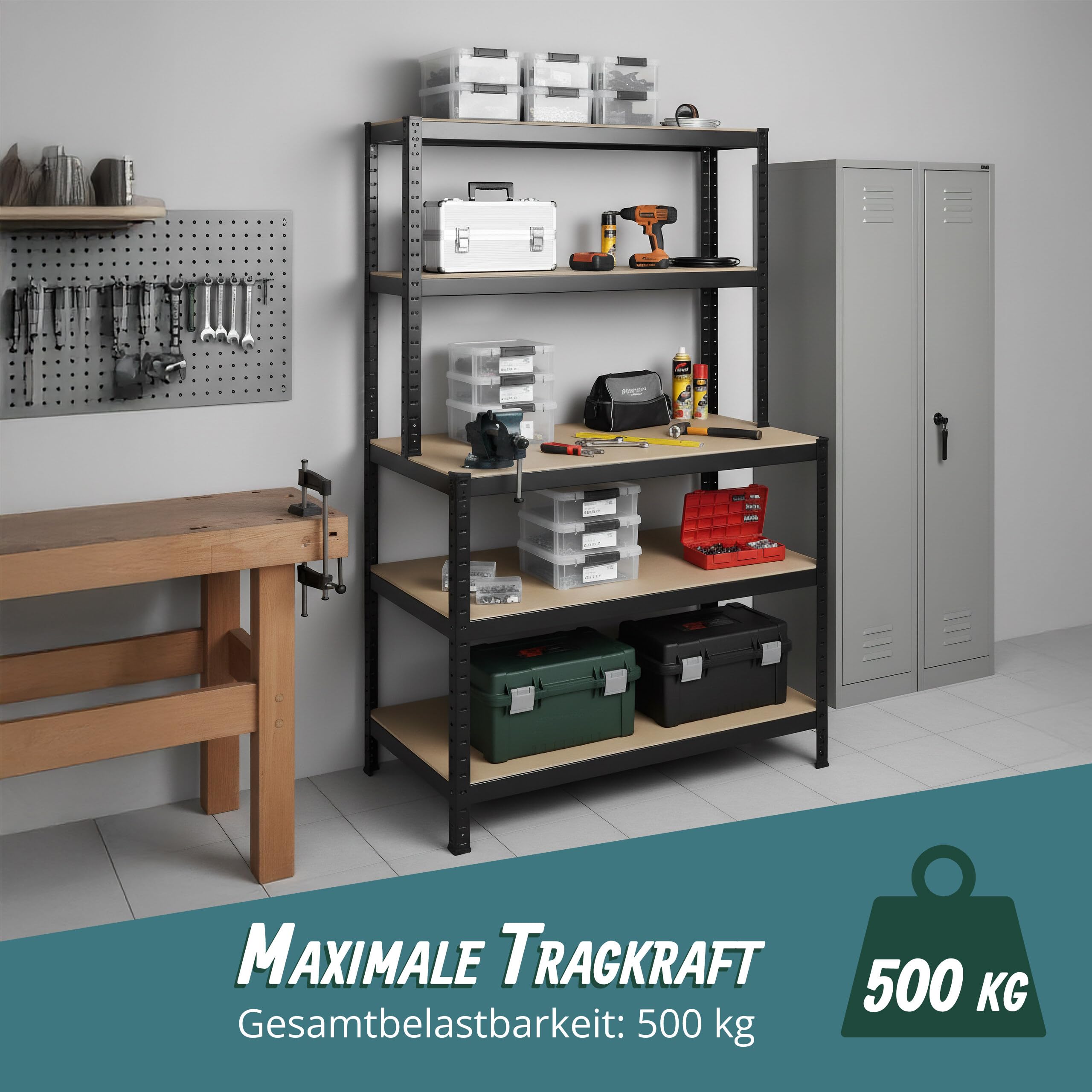 Relaxdays Schwerlastregal mit Werkbank, 500 kg, 5 Ebenen, HxBxT: 180 x 100 x 60 cm, MDF & Stahl, Werkstattregal, schwarz