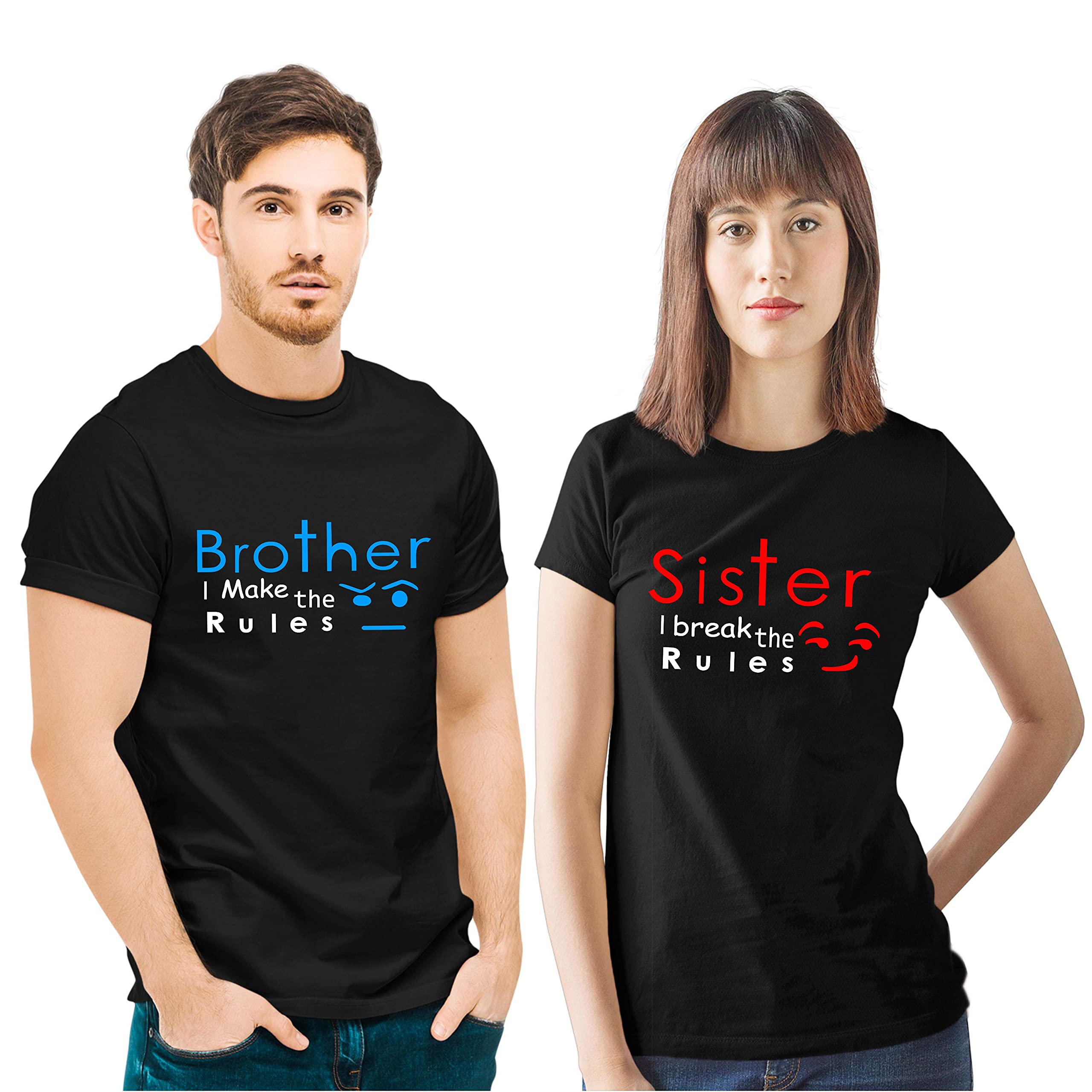 Hangout Hub HH6 Sibling Tshirts | Brother Sister Cotton T-Shirt | Brother Makes Rules Sister Break Rules Printed | Regular Fit (Set of 2 | Cotton | Half Sleeves)