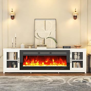 80" Fireplace TV Stand with 50" Electric Fireplace, LED Light Entertainment Center and Storage, Media TV Console for TVs Up to 90",Fire Place TV Stands for Living Room, White