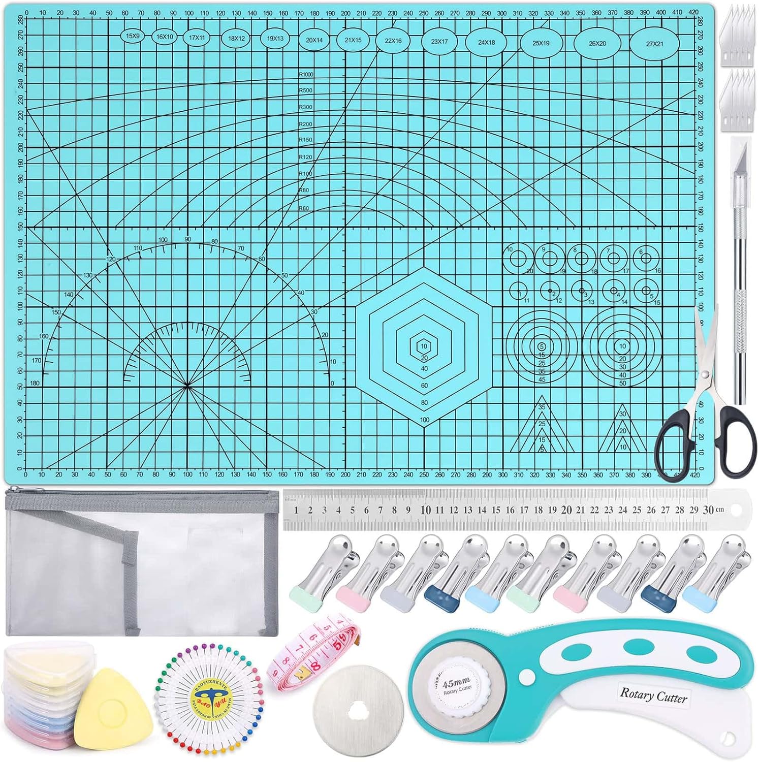 Rotary Cutting Mat and Tools Set, Audab 45mm Fabric Cropping Cutter Wheel with A3 Self Healing Sewing Mat, Blades, Quilting Ruler and Clips, Crafts Knife for Shirt Cloth Patchworking Scrapbooking Rotary Cutting Mat and Tools Set, Audab 45mm Fabric Cropping Cutter Wheel with A3 Self Healing Sewing Mat, Blades, Quilting Ruler and Clips, Crafts Knife for Shirt Cloth Patchworking Scrapbooking