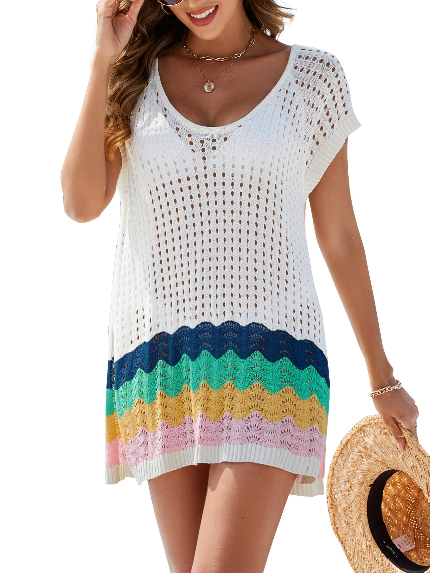 VIAURBE Women's Swimsuit Crochet Cover Up V Neck Hollow Out Bathing Suit Coverup Color Block Side Split Mini Dress