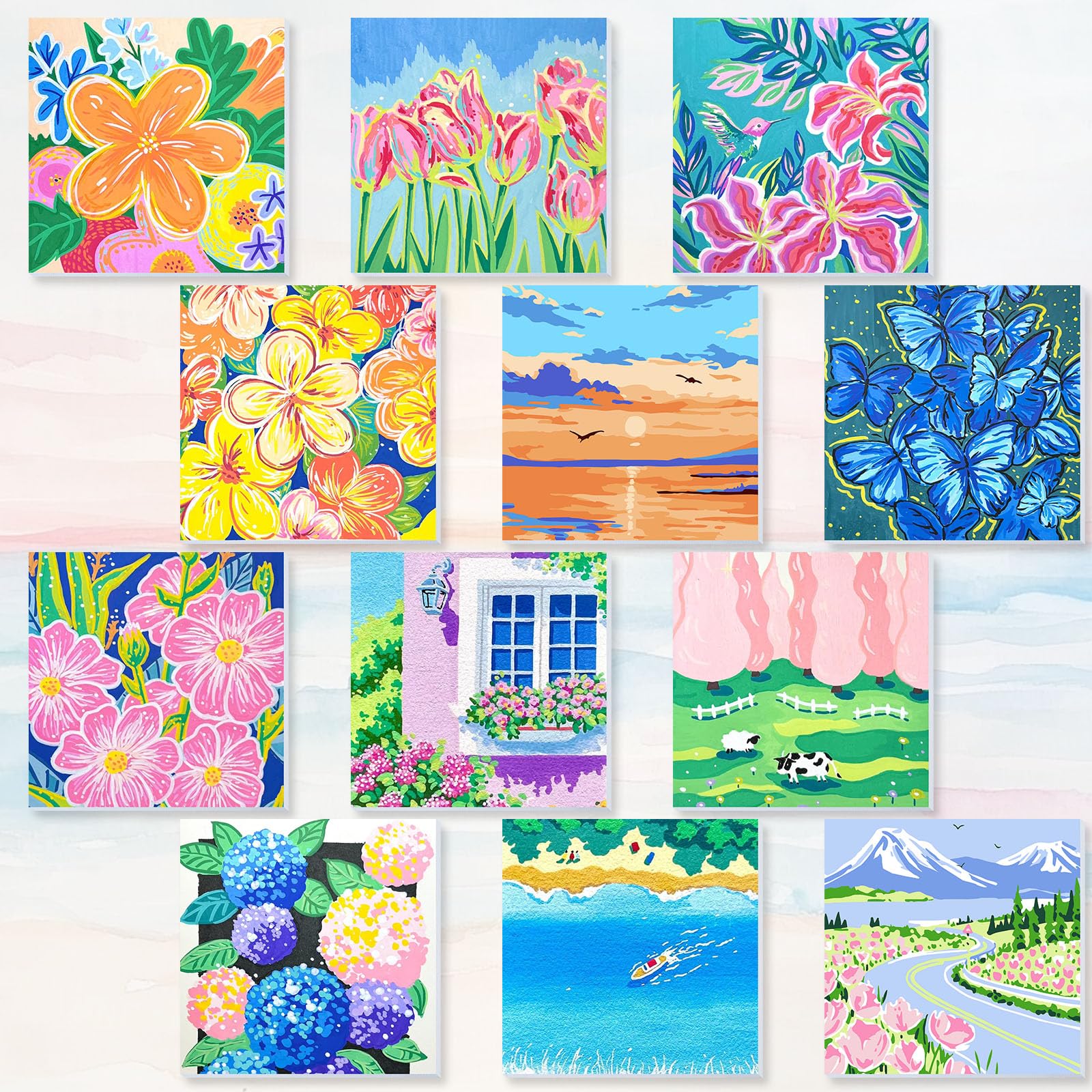 Nezyo 12 set di pittura con numeri, kit con cornice per adulti principianti, pittura acrilica fai da te con numeri, tela per pittura, feste, attività in classe, regalo di compleanno, 20 x 20 cm