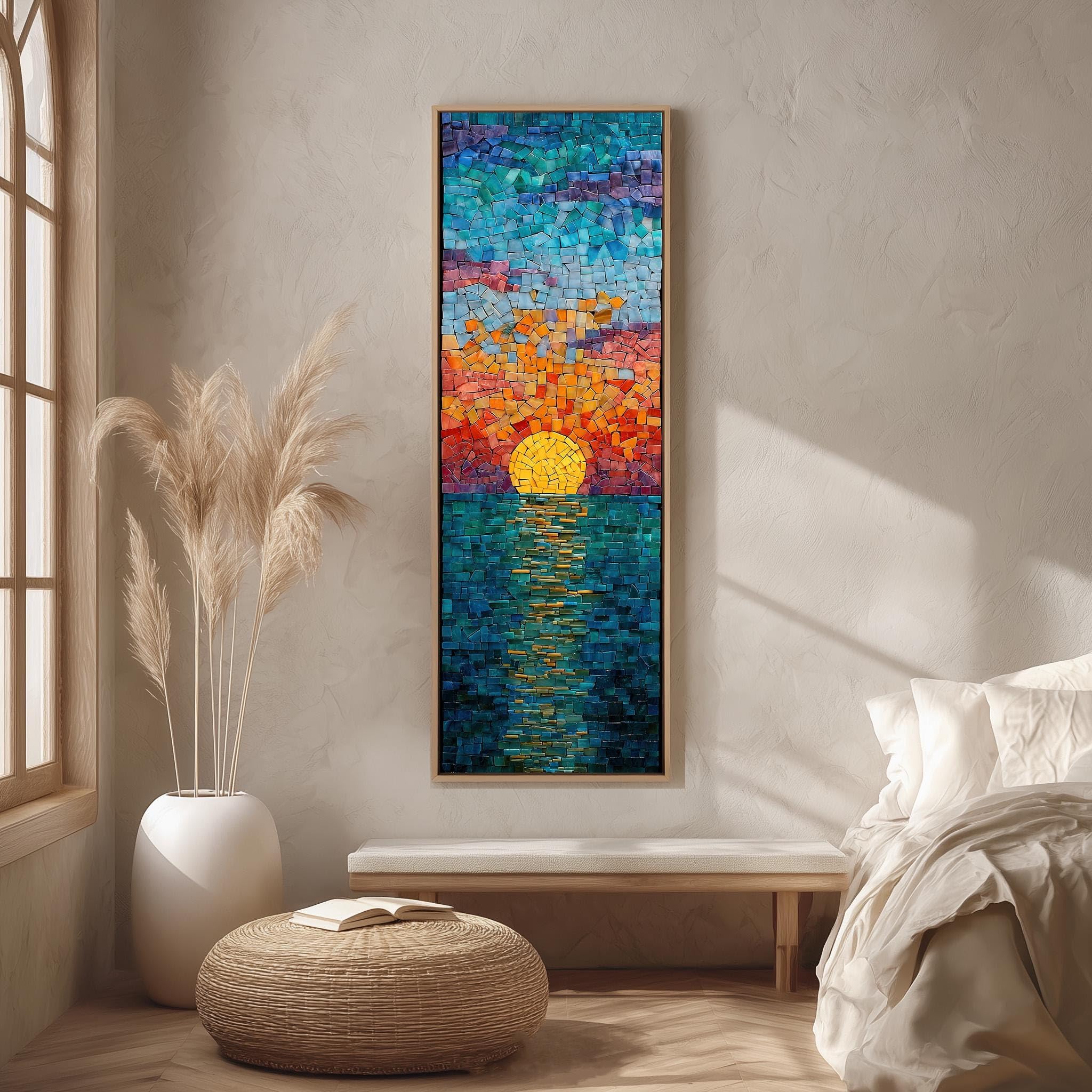 Xbtykpb Frameless Framed Tall Narrow Mosaic Art,Long Vertical Sunset Canvas, Skinny Ocean Tile Decor,Stained Glass Print,Seascape Painting(45X135cm/Frameless)