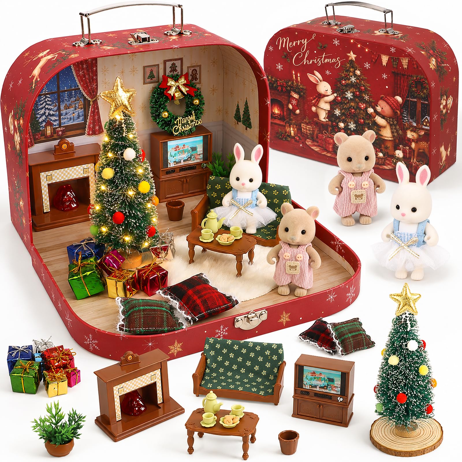 Tacobear Christmas Dollhouse Carrying Case, Dolls House Furniture Playset