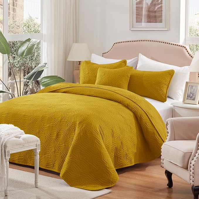 COZYART Mustard Yellow Quilt Set Queen Size 3 Piece