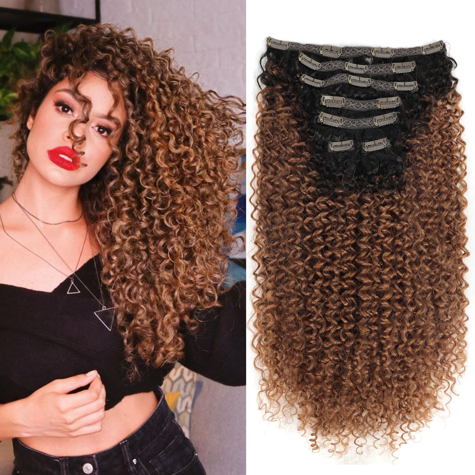 Curly Clip in Hair Extensions Clips in-Human Hair Feelings Natural Black Medium Auburn Curly Hair Extensions for Black Women Jerry Hair Clip in