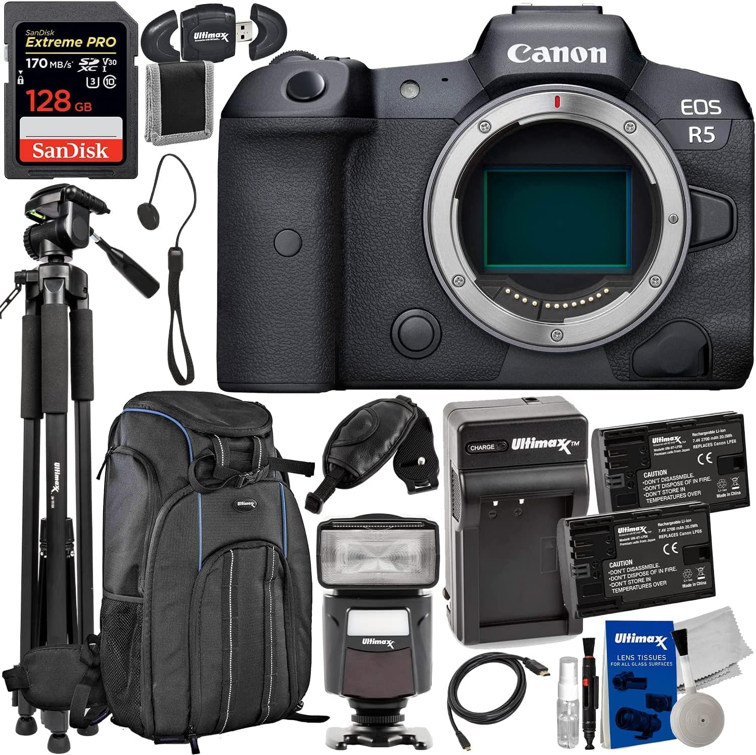 Canon EOS R5 Mirrorless Camera (Body Only) Renewed + 128GB SD Card, Backpack, 75” Tripod, 2 Batteries, Charger & 25pc Accessory Bundle – Pro Video/Photo Kit