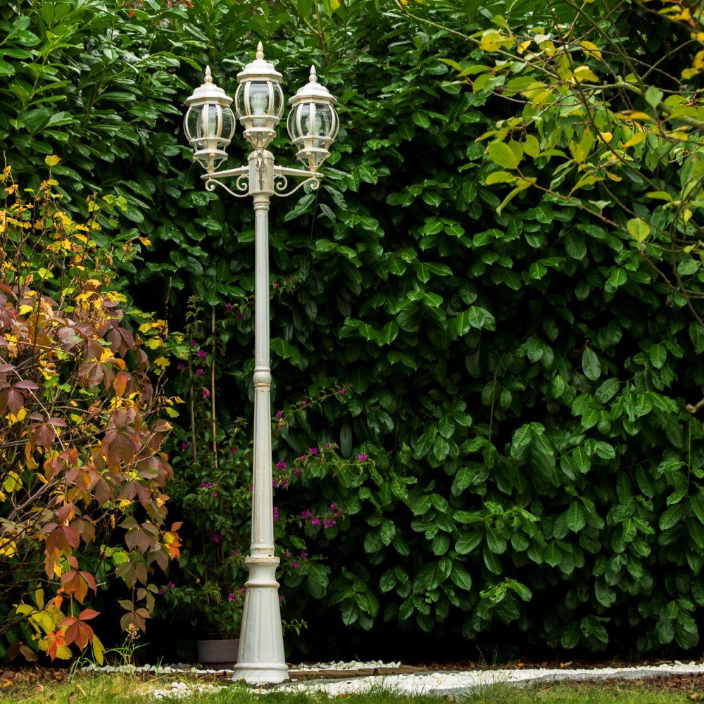 Lampada da esterno Lentua, candelabro in stile antico, metallo in bianco/oro con vetri, lampada da sentiero a 3 bracci 215 cm, lampada da giardino retrò/vintage, attacco E27, IP44, senza lampadina/e