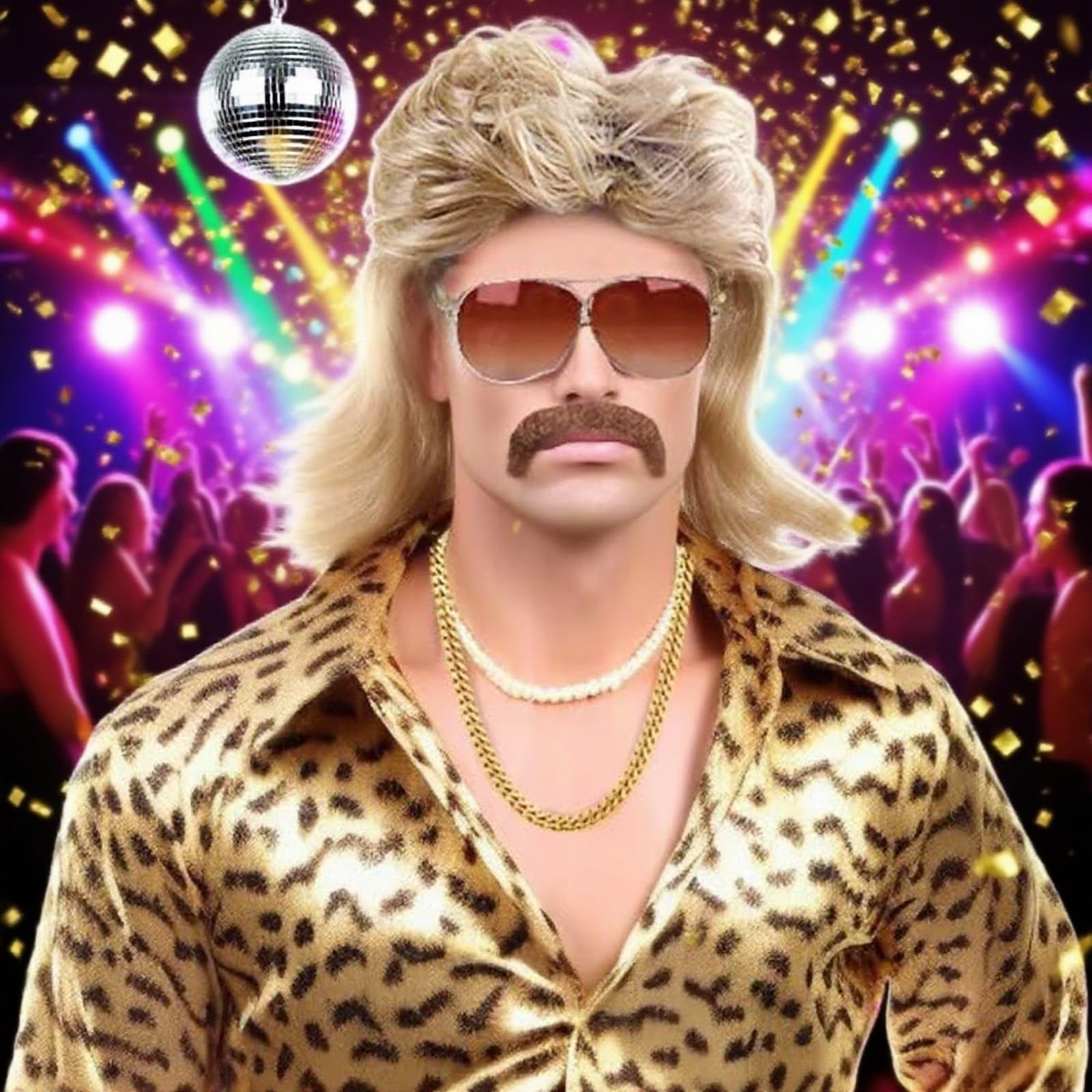 Vokuhila Perücke Herren, 70 80er 90er Jahre Outfit Accessoires, Blond Vokuhila Frisur Perücke mit Bart Brille Halskette, Männer Faschingskostüme für Karneval Halloween Cosplay Rocker Party
