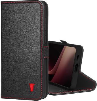 حافظة TORRO متوافقة مع حافظة المحفظة الجلدية الفاخرة Samsung Galaxy S24 FE 5G مع مسند وفتحات للبطاقات باللون الأسود مع تفاصيل حمراء