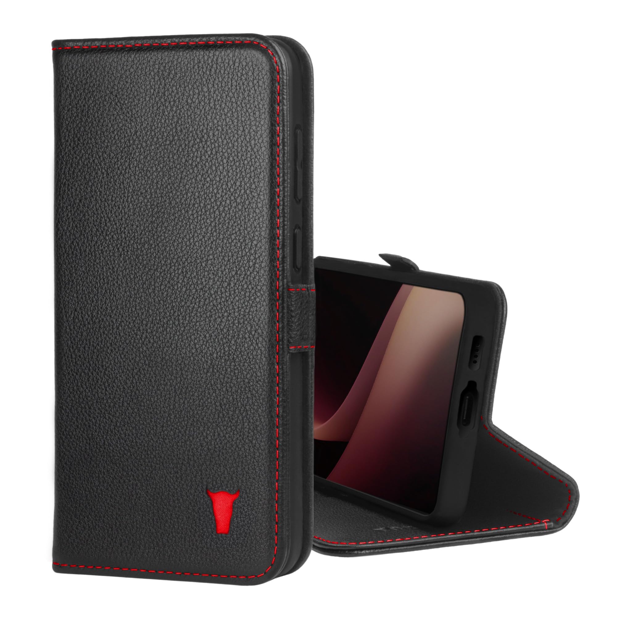 TORRO Custodia Compatibile con Samsung Galaxy S24+ Plus 5G – Custodia a Portafoglio in Pelle Premium con Cavalletto e Slot per Carte (Nero con dettaglio Rosso)