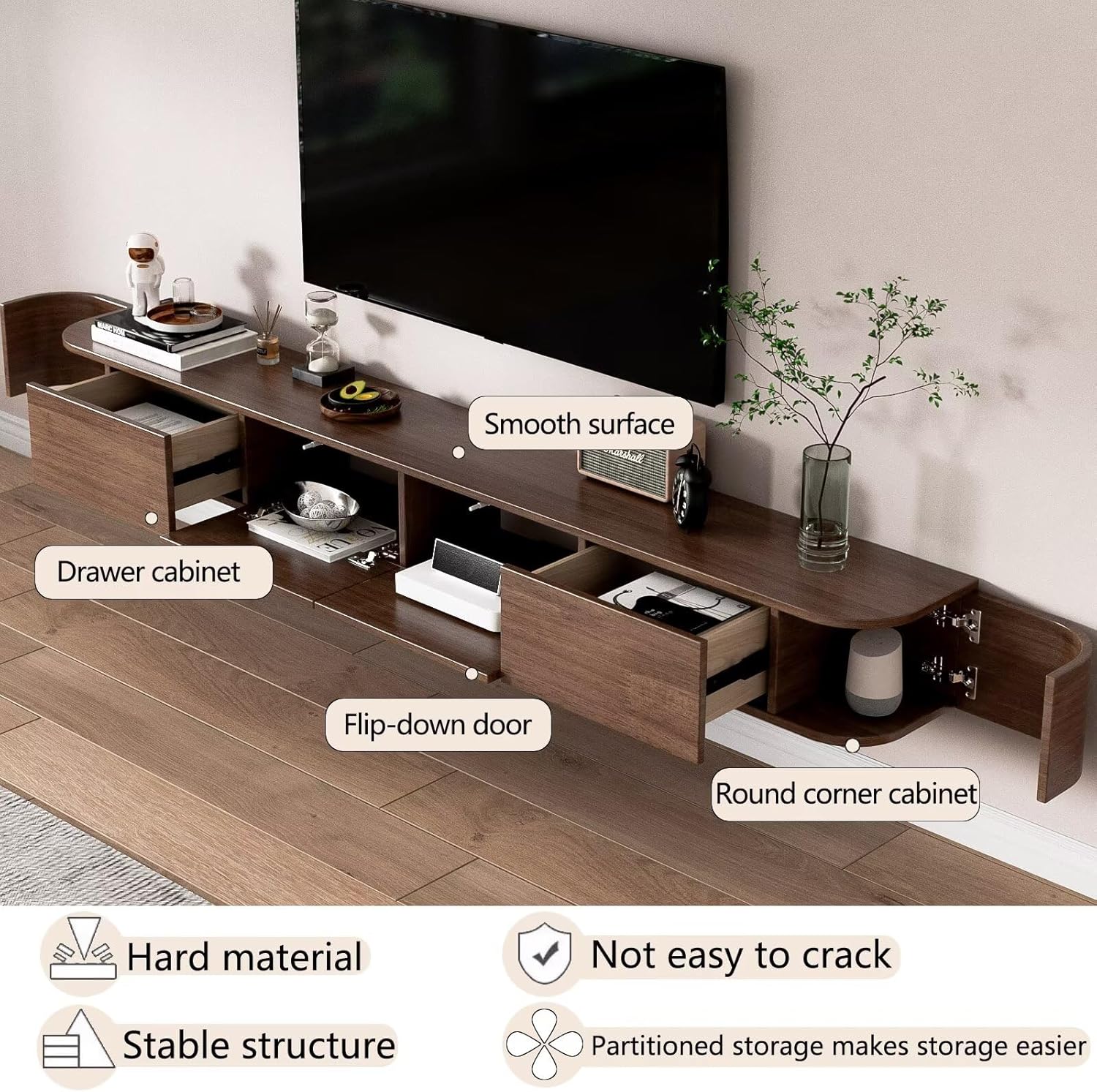 Pre-Assembled Floating TV Stand with Drawers, Rubberwood Wall Mounted TV Console, Modern Media Console for Living Room, Space-Saving Floating TV Cabinet (Brown, 71in/180cm)