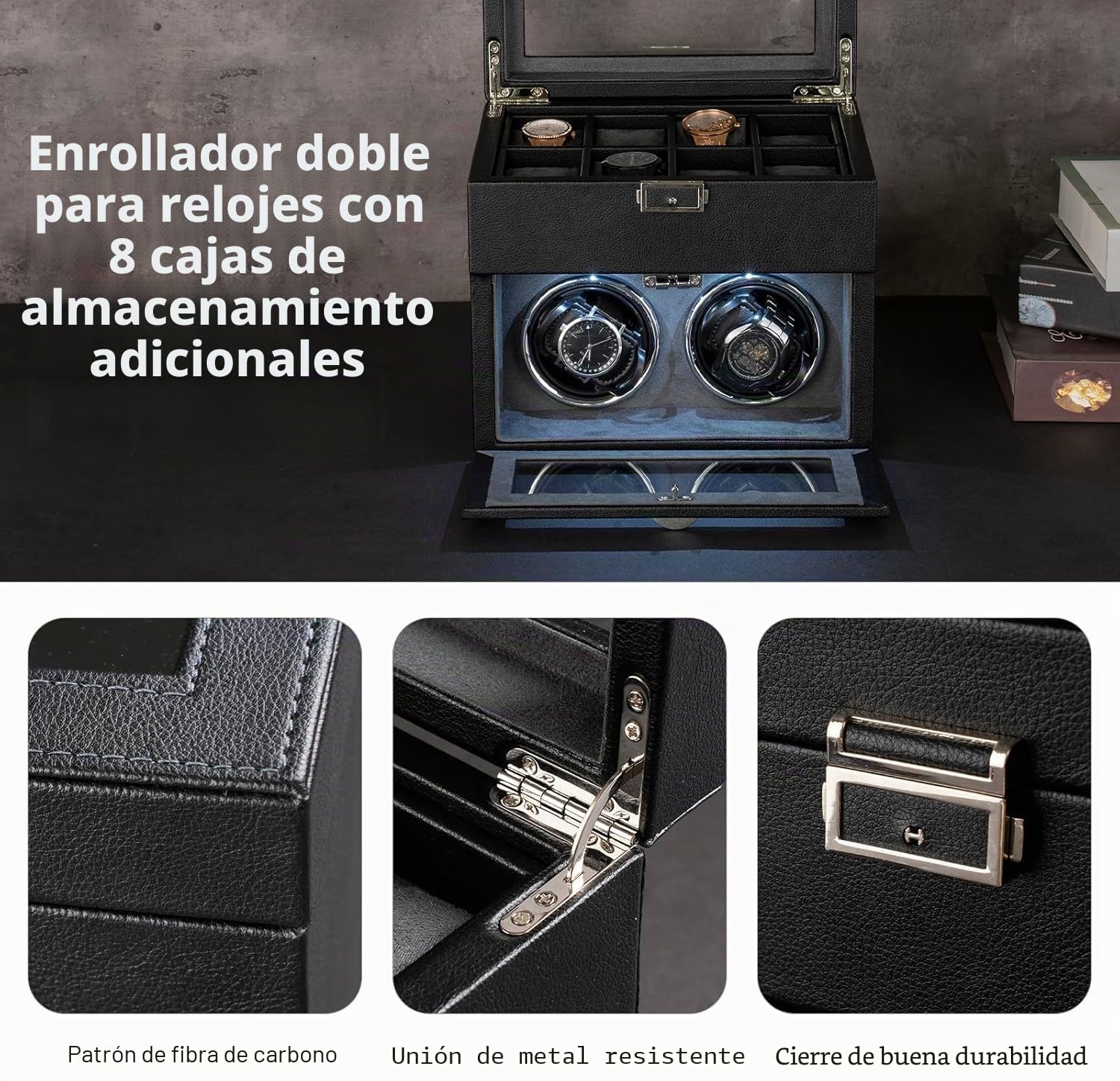HEYOUTH Caja Relojes Automáticos con LED, 2+8 Compartimentos para Relojes y Joyas, Motor Silencioso, Giratoria Automática