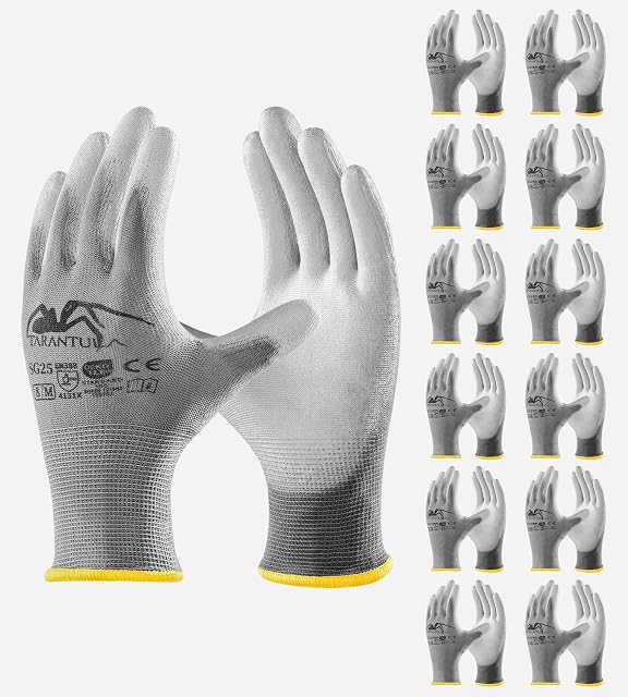 Tarantula PU Gants de travail enduits, Gants en nylon sans couture pour hommes et femmes, Grip lisse sur les doigts et les palmiers, Idéal pour le travail de service général, 12 Paires, Gris, X-Grande
