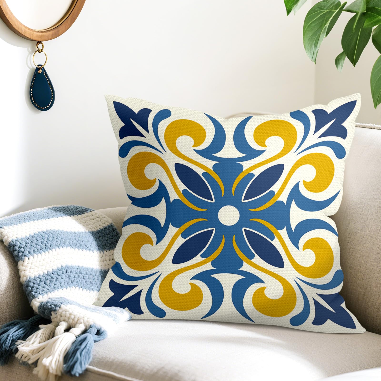 Fundas Cojines 45x45 Juego de 4 Funda de Almohada Flor Azul Mediterráneo Cojines Fundas Floral Geométrico Marroquí Mandala Cojine Decorativas para Sofá Salón Silla