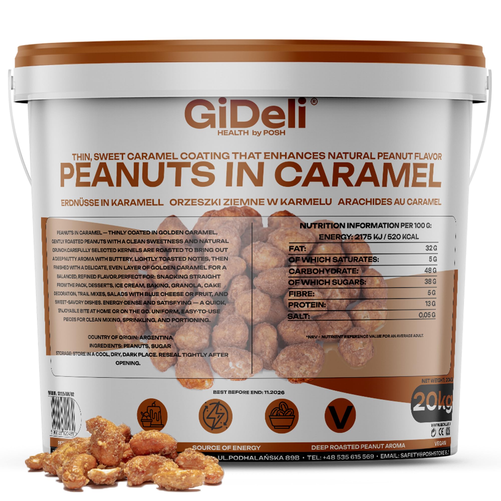 GiDeli Erdnüsse in Karamell 20kg im Eimer - Nuss Snack für Feste und Feiern - Gebrannte Erdnusskerne mit Caramel Chunks- Süß und Knusprig
