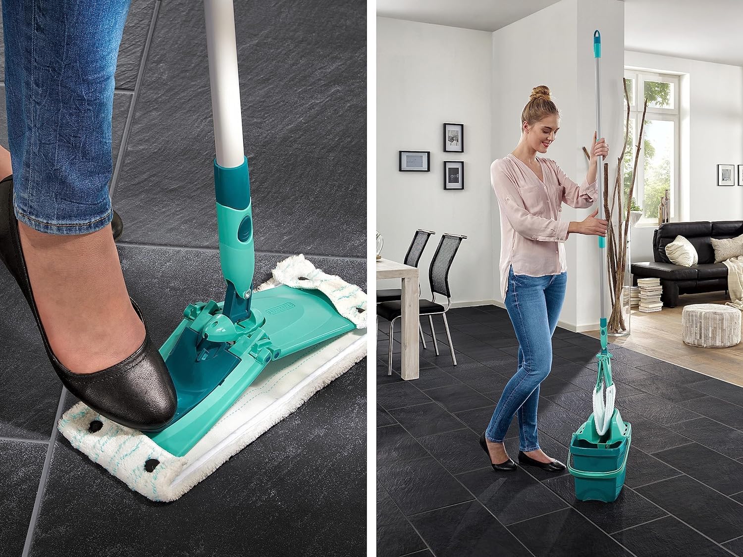 Leifheit Set Combi Clean M, seau et balai essoreur faciles d'utilisation, balais serpillière avec mécanisme d'essorage intégré, kit de lavage sol vert 55356