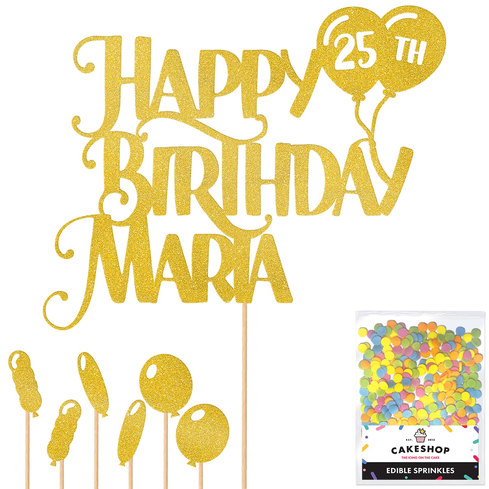 Personalised Happy Birthday Glitter Cake Topper inc Balloons - Gold Any Name & Age Glitter Cake Decoration and Sprinkles - Happy Birthday Decorations - Personalised Toppers for Cakes by Cakeshop