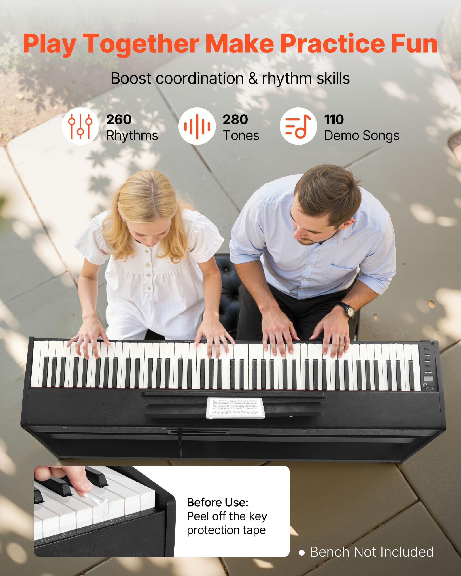 VEVOR Pianoforte Digitale a 88 Tasti Pesati, Tastiera Pianoforte Pesati con Altoparlante, Pedale Sustain, Adattatore CC, Supporto, 280 Toni, Connessione Wireless, per Principianti, Nero