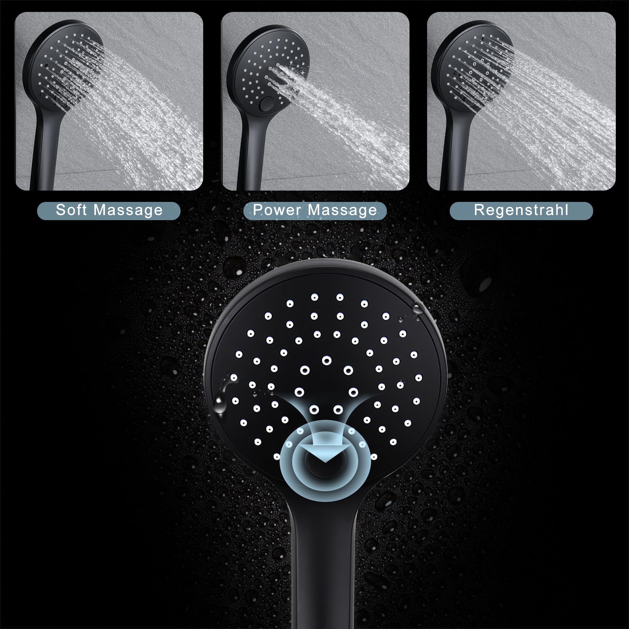 Görbach Barre de Douche Noir 70 cm, Colonne de Douche en Acier Inoxydable avec Douchette 3 Jets et Support de Fixation Réglable pour S'adapter aux Trous de Perçage Existants(HBD12MB)
