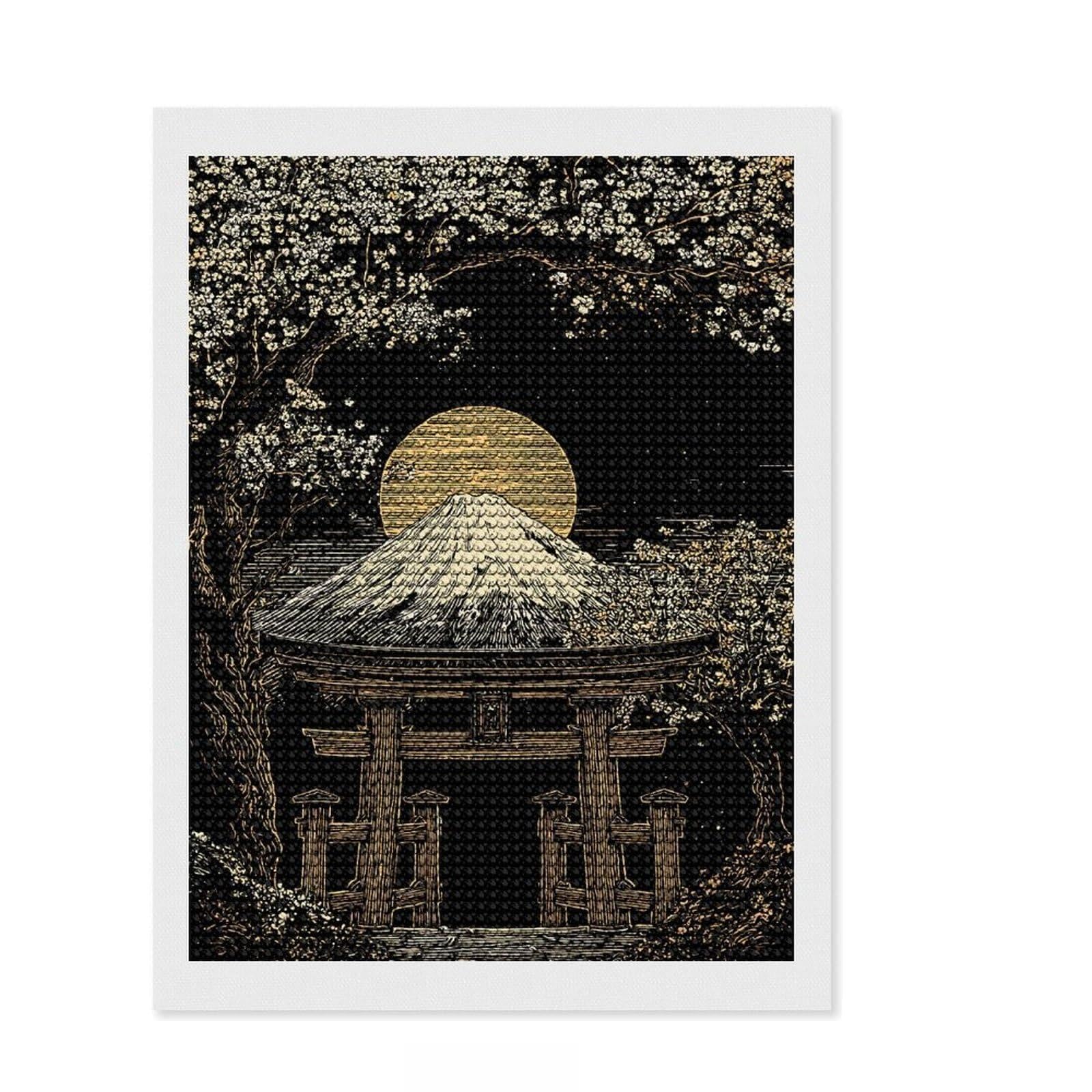 Junmoney Mount Fuji and Torii Gate Illustration Diamond Painting Kit 12"x16", Neat Printed Canvas, Sparkling Round Gems, Fun Craft Experience, Office Decor