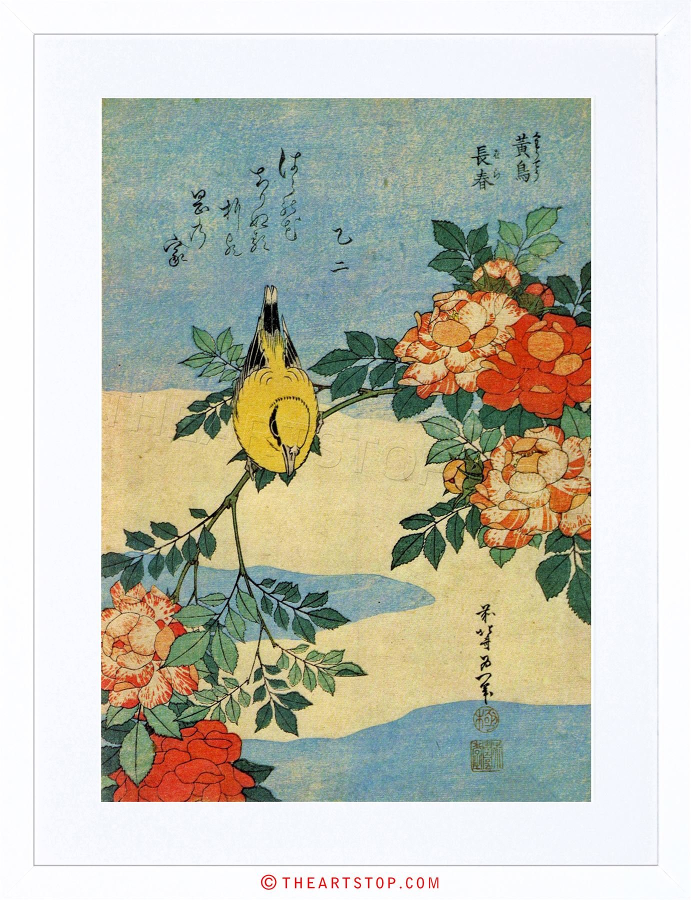 Wee Blue Coo Painting Animals Bird Yellow Finch Flowers Japanese Japan Framed Wall Art Print
