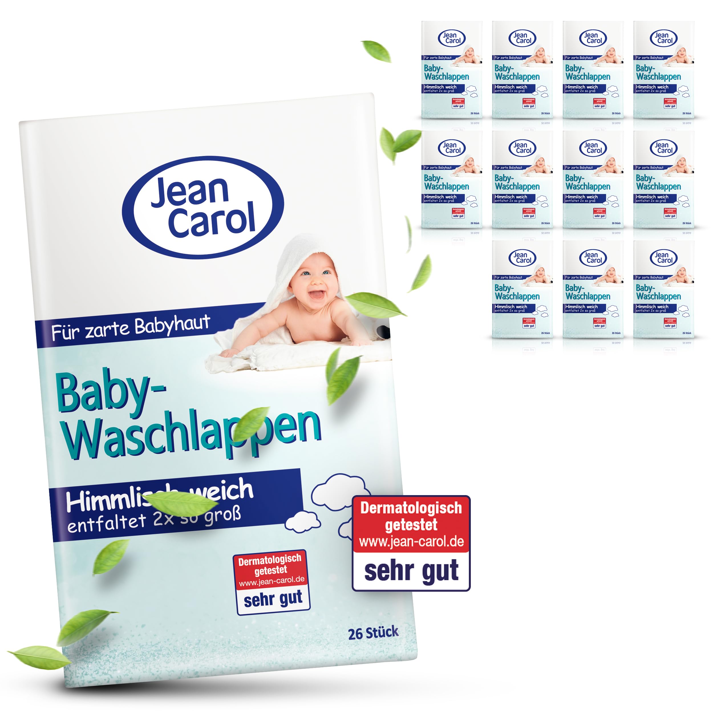 Jean Carol Baby-Waschlappen, weich & zart, Vorteilspackung (12 x 26 Stück) für die tägliche Pflege
