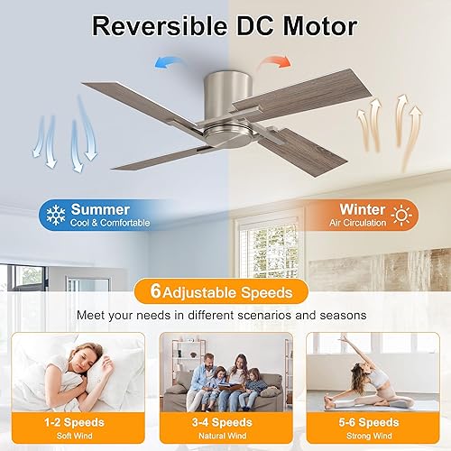 Miniatura 3 de WINGBO Ventilador de techo de montaje empotrado de 48 pulgadas sin luz, 4 cuchillas de madera contrachapada, motor CC reversible de 6 velocidades,