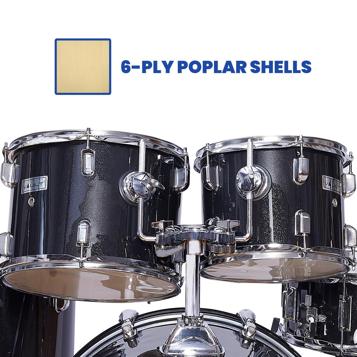 Vault Groover 22" 5-Piece Acoustic Drum Kit with Hardware, Cymbals & Throne - Black - Image 4 thumbnail