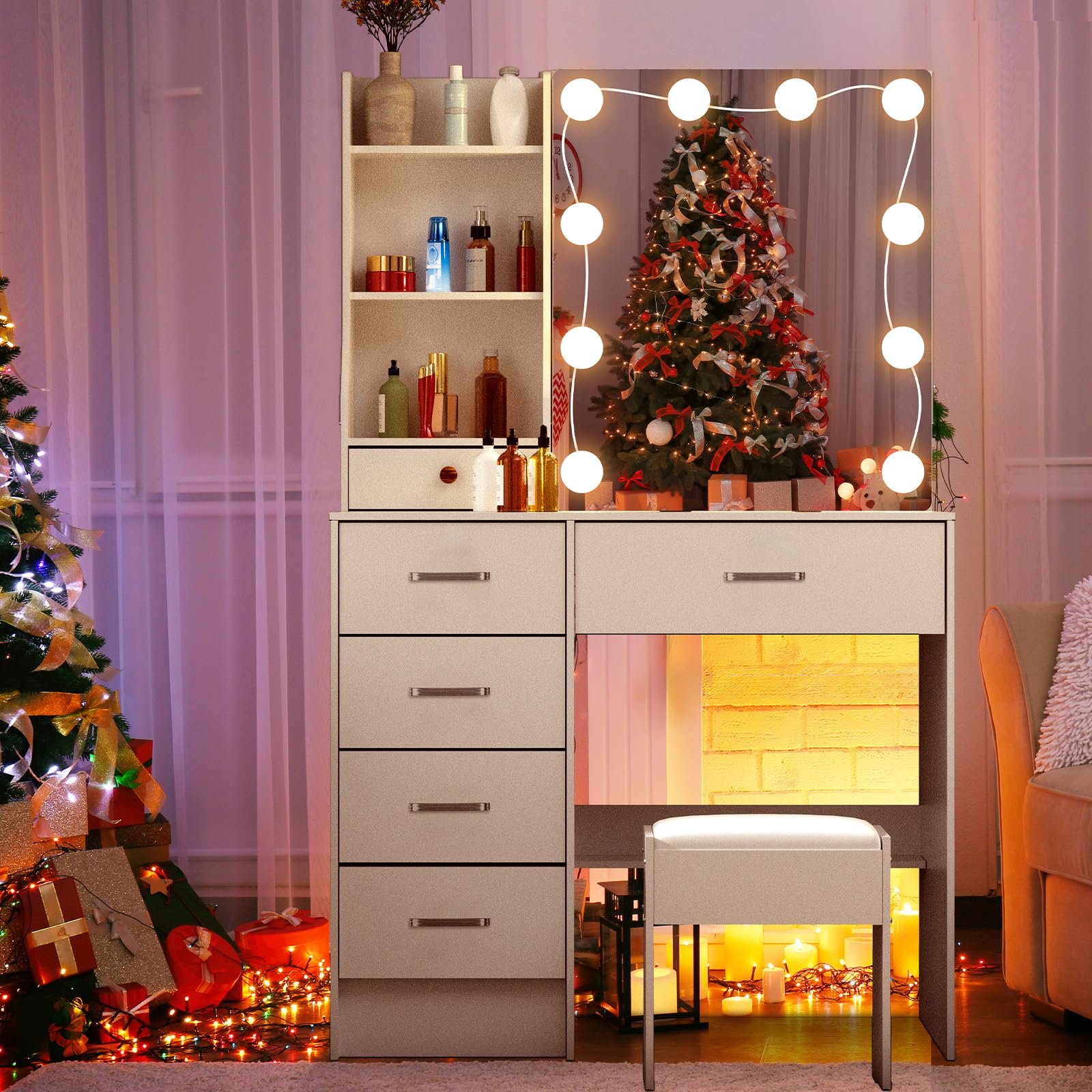 Schminktisch mit Led-Beleuchtung und Spiegel, 10 Dimmbare GlüHbirnen, 5 Schubladen, 3 Einstellbare Lichtfarben, Werkzeuglose Gleitschienen und Offenen Ablagen (Weiß-7)