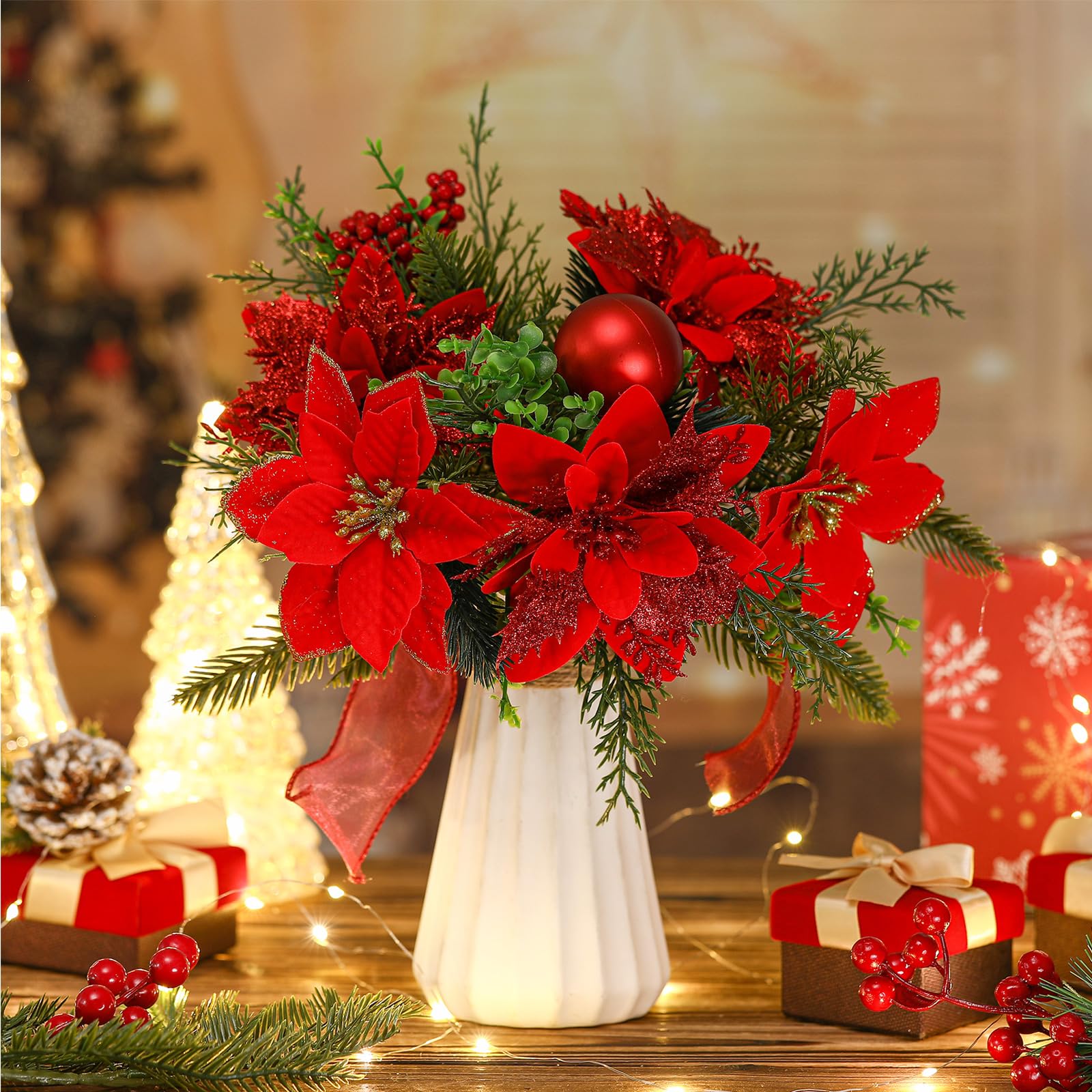 Giegxin Lot de 4 buissons de poinsettia en velours synthétique de 35 cm pour intérieur et extérieur - Décoration de sapin de Noël - Décoration de porche (rouge)