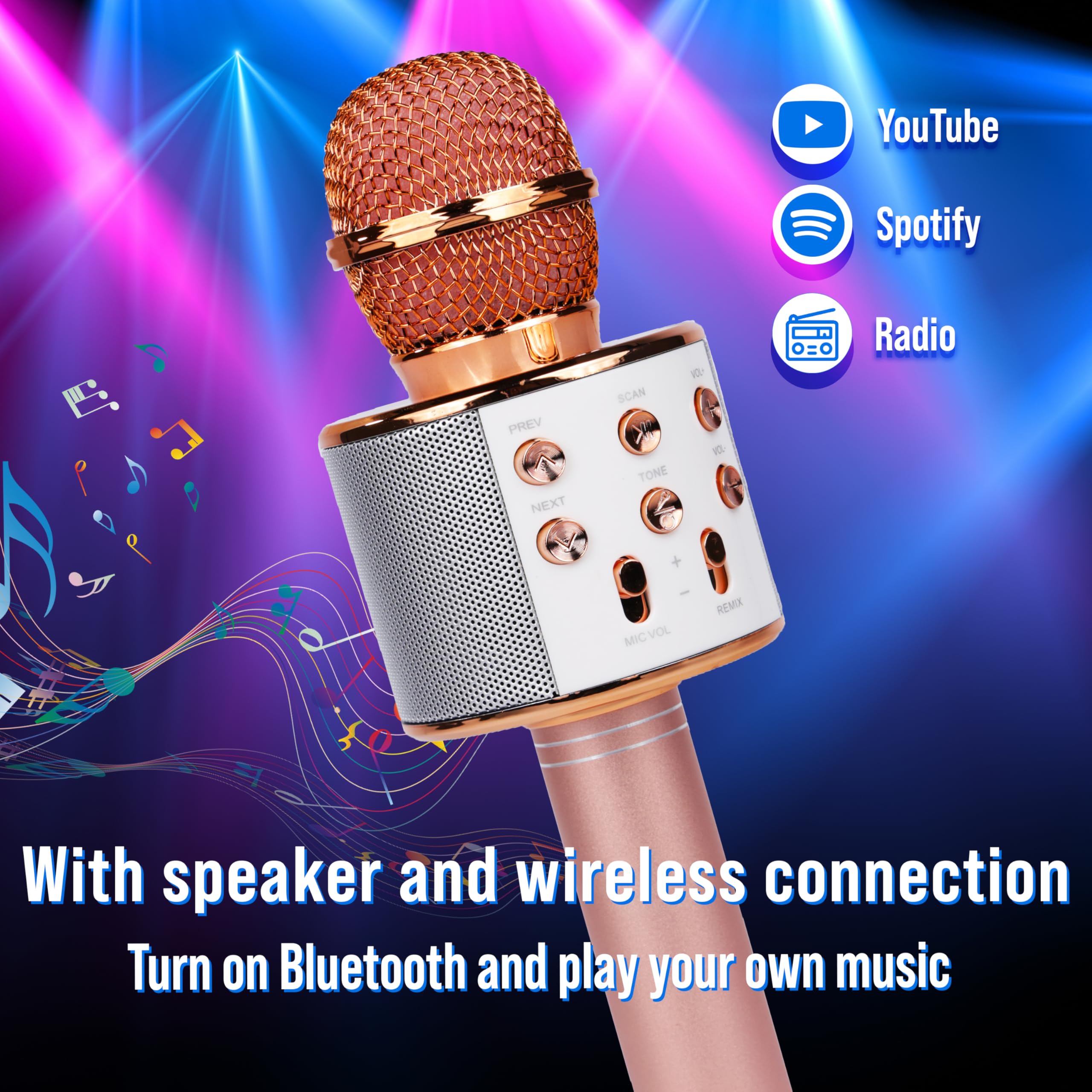 Silvergear® Micro sans Fil Karaoke pour Enfants avec Haut-Parleur Bluetooth | Fonction Enregistrement & Mode Selfie | Batterie 1200mAh | 5-6h d'Autonomie | Temps de Charge 3-4h | Or Rose