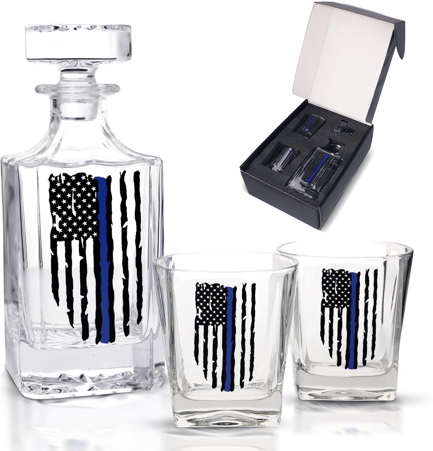 Rogue River Tactical Blue Line Tattered Flag Police Officer Whiskey Decanter Gift Set With 2 Glasses Custom Gift For Men Dad Father's Day PD Police Officer - Image 2
