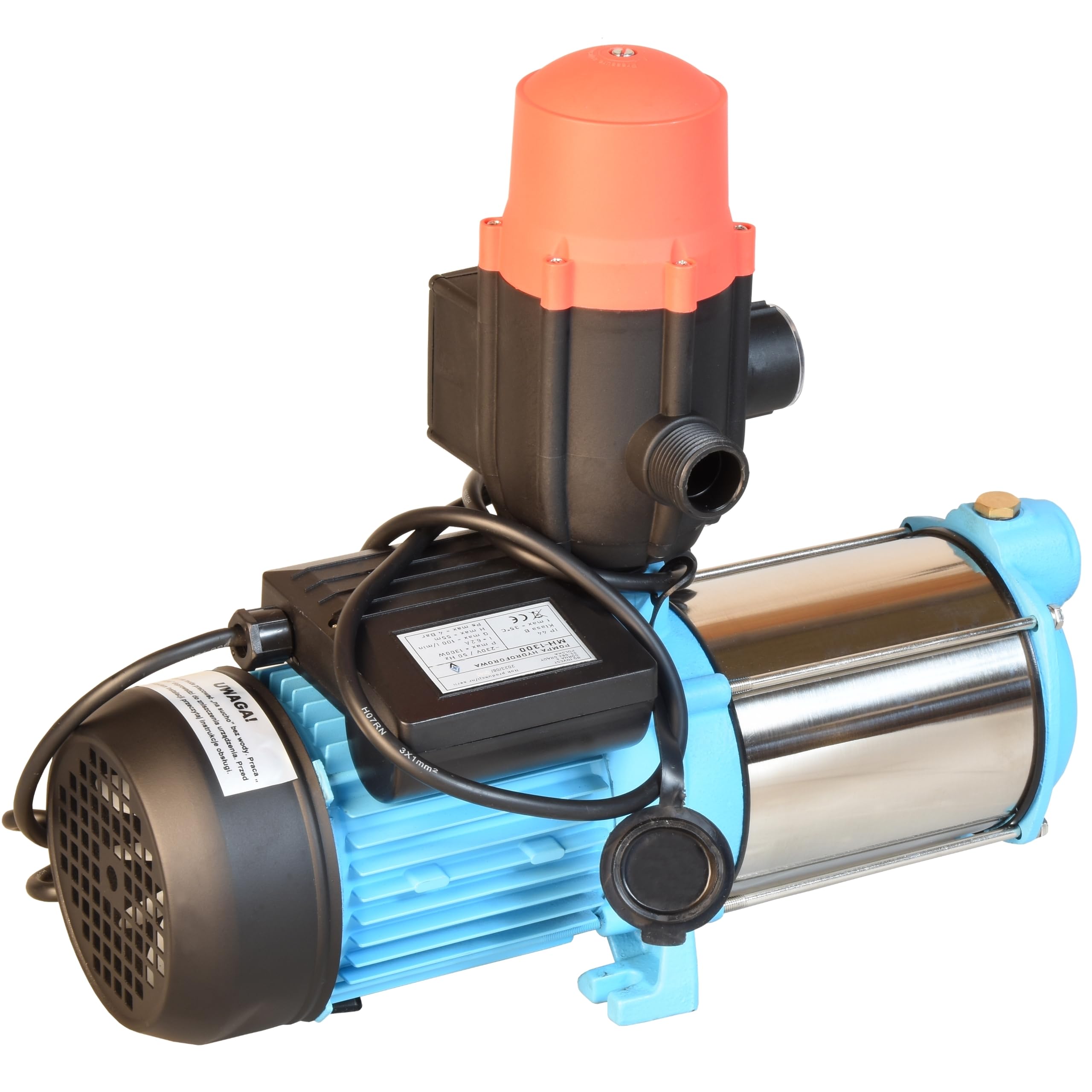 Wasserpumpe MAX-H 1300 mit Elektronische Druckschalter BRIO - Pumpensteuerung - Gartenpumpe (1300 W, 6000 l/h, Förderhöhe 55m) - Gußeisen Edelstahl INOX - Einschaltdruck einstellbar Trockenlaufschutz