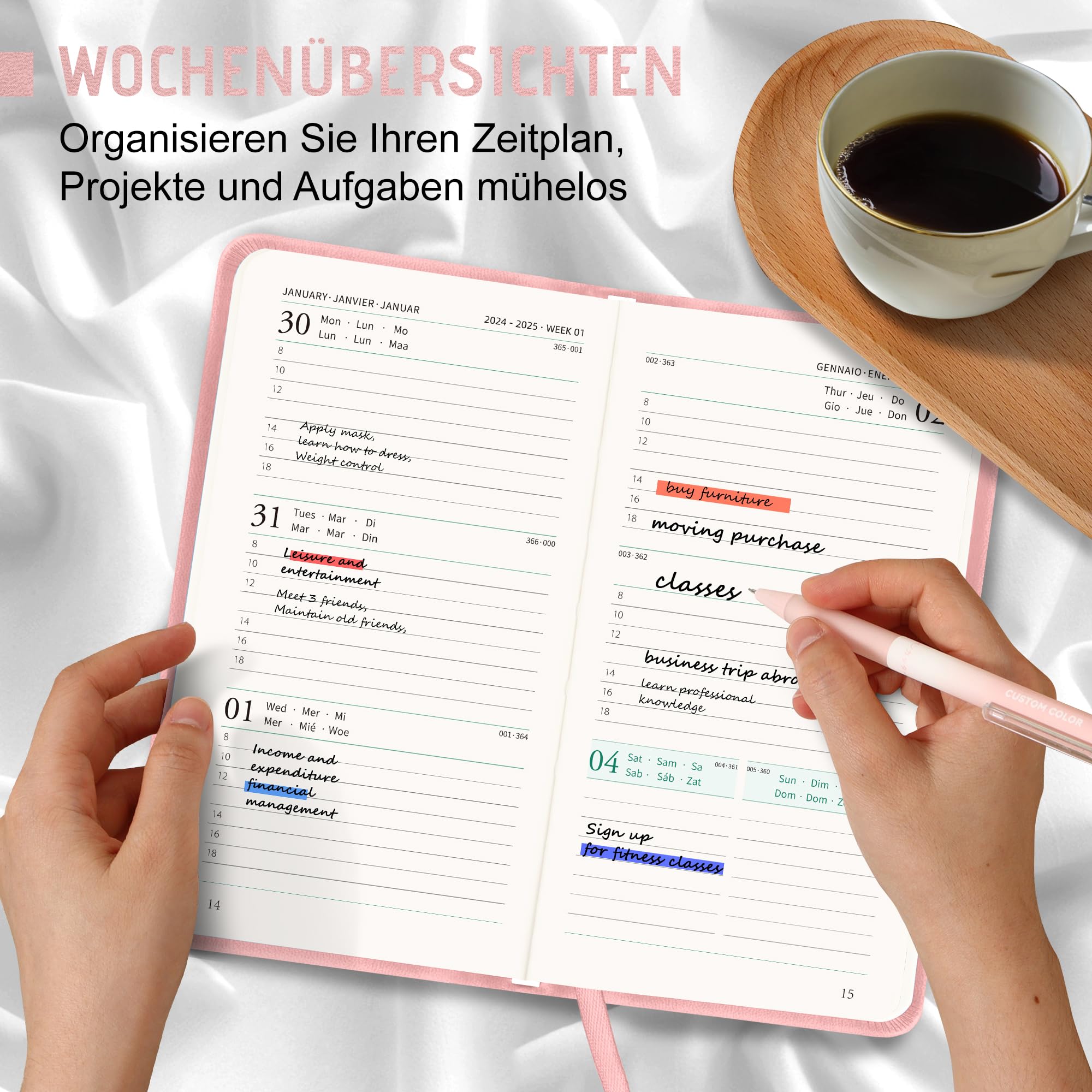 Jokisa Agenda Settimanale 2025 Tascabile, Agenda 2025 Piccola 1 Settimana 2 Pagine, Planner 2025 con Chiusura a Elastico e Segnalibro, circa A6 (16,5 x 9,5 cm), Gen.2025-Dic.2025
