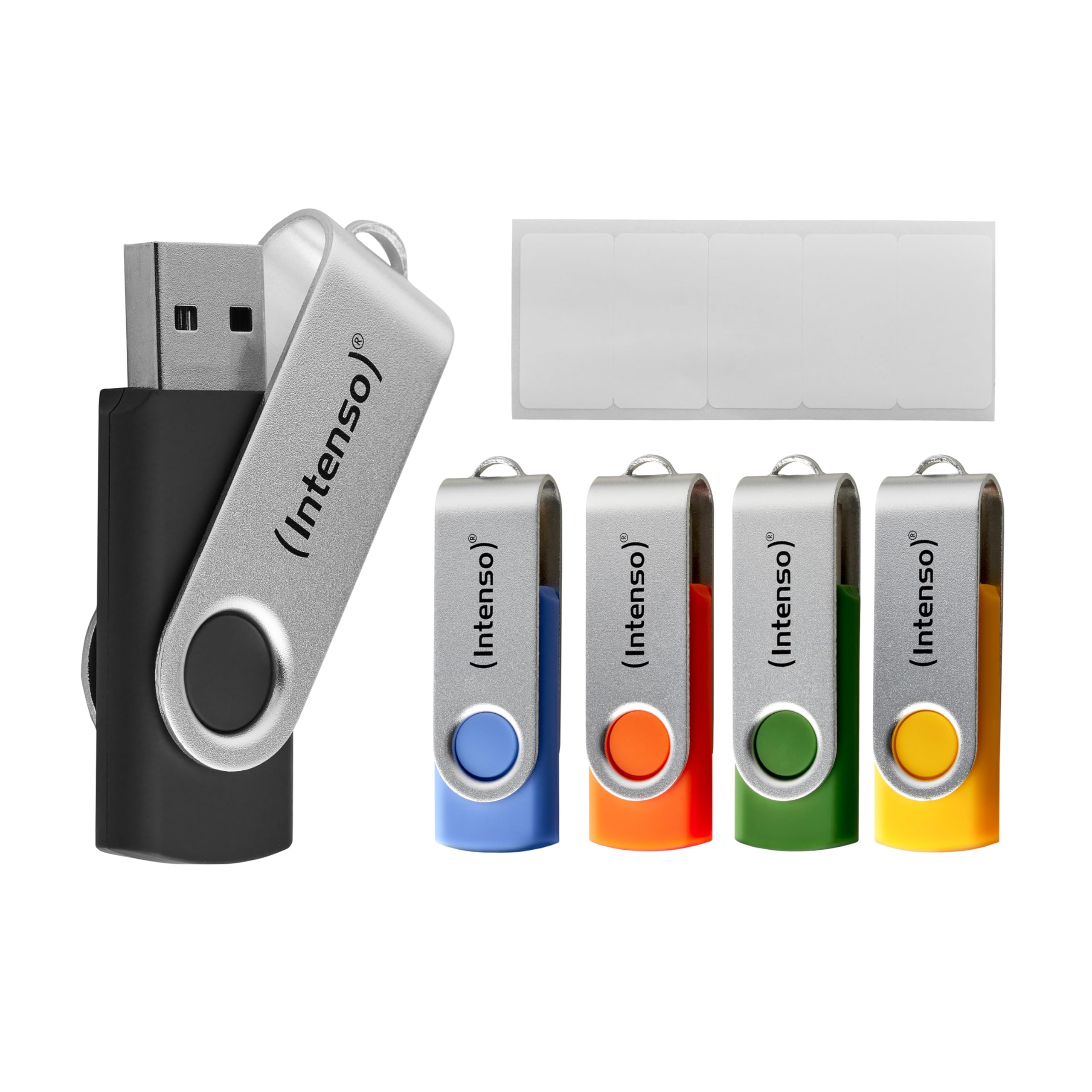 Intenso Basic Line - Chiavette USB 2.0 da 16 GB, con pratica etichetta, giallo, verde, nero, blu + arancione, con staffa in metallo argentato, confezione da 5